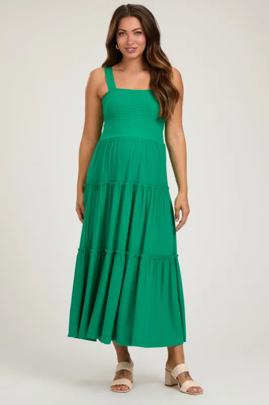 Green Sleeveless Tiered Maternity Maxi Dress sold by Pinkblush