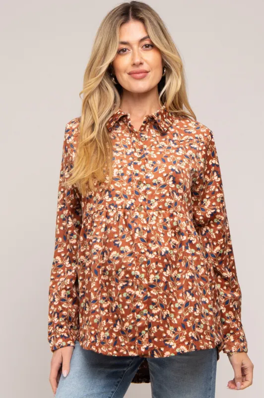 Brown Floral Corduroy Button Up Maternity Top sold by Pinkblush