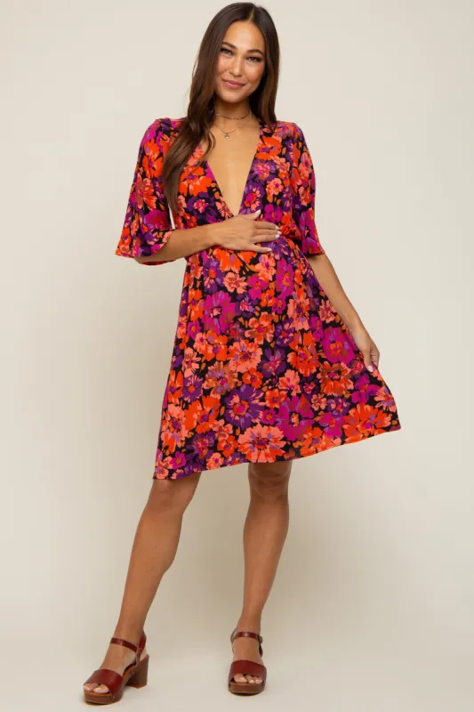 Black Floral Short Flutter Sleeve V-Neck Maternity Dress sold by Pinkblush