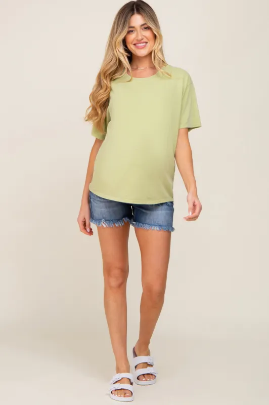 Medium Blue Distressed Fringe Hem Maternity Jean Shorts sold by Pinkblush