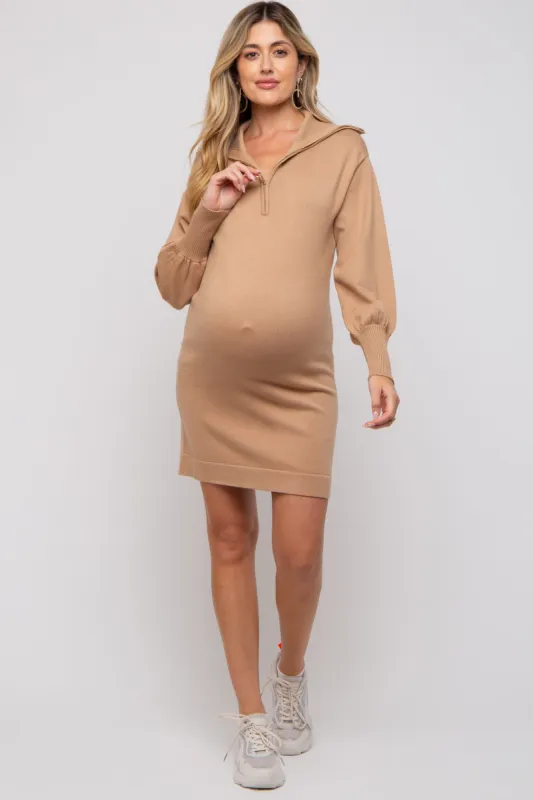 Taupe Knit Half Zip Maternity Mini Dress sold by Pinkblush