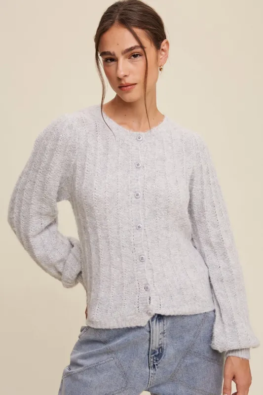 Heather Grey Puff Sleeve Button Down Knit Cardigan sold by Pinkblush