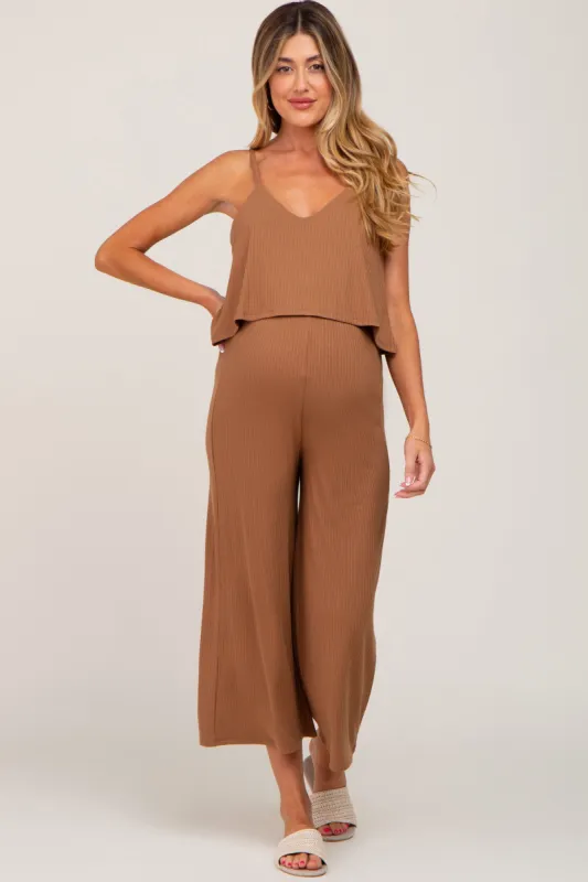 Camel Ribbed Double Layer Cropped Maternity Jumpsuit sold by Pinkblush
