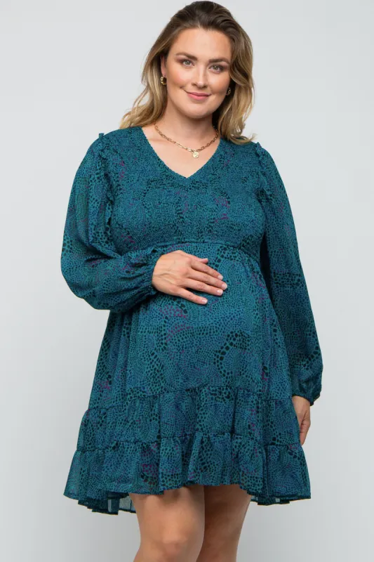 Teal Printed Smocked Long Sleeve Maternity Plus Dress sold by Pinkblush