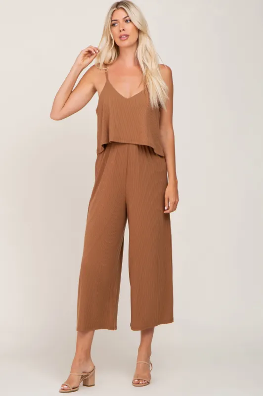 Camel Ribbed Double Layer Cropped Jumpsuit sold by Pinkblush
