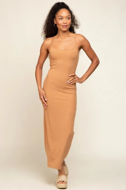 Camel Ribbed Basic Midi Dress sold by Pinkblush