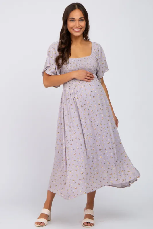Lavender Floral Smocked Maternity Midi Dress sold by Pinkblush