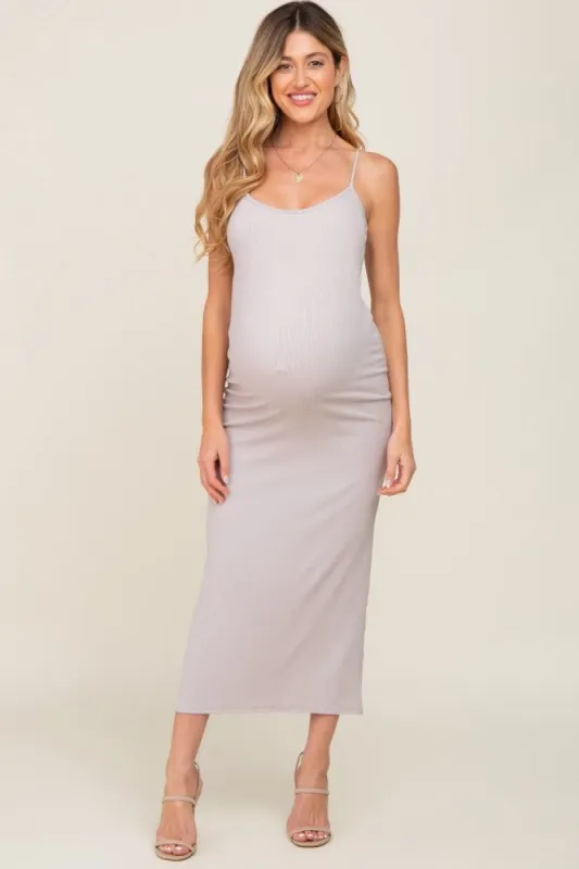 Taupe Ribbed Sleeveless Basic Maternity Maxi Dress sold by Pinkblush