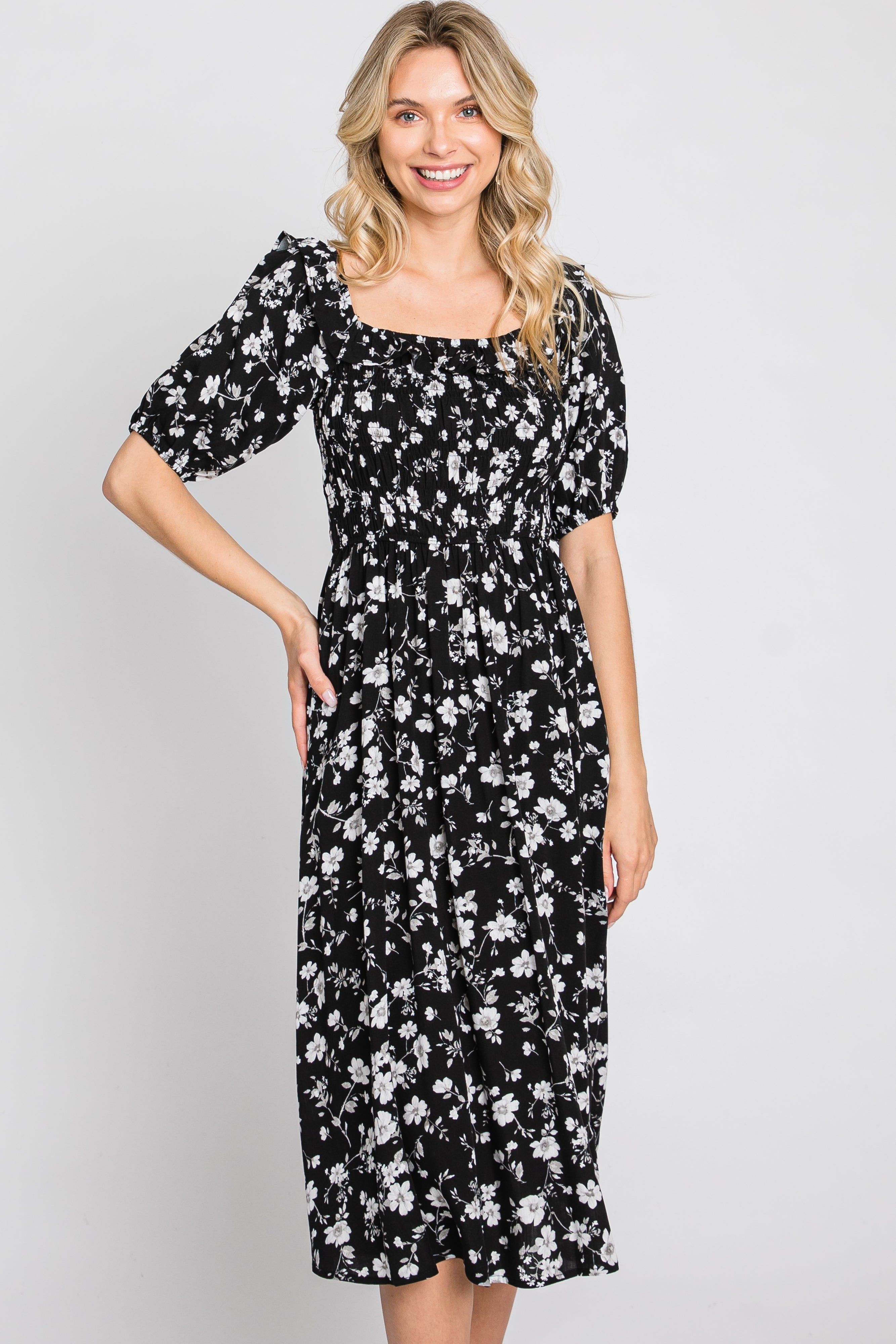 Black Floral Smocked Puff Sleeve Midi Dress sold by Pinkblush product image thumbnail 3