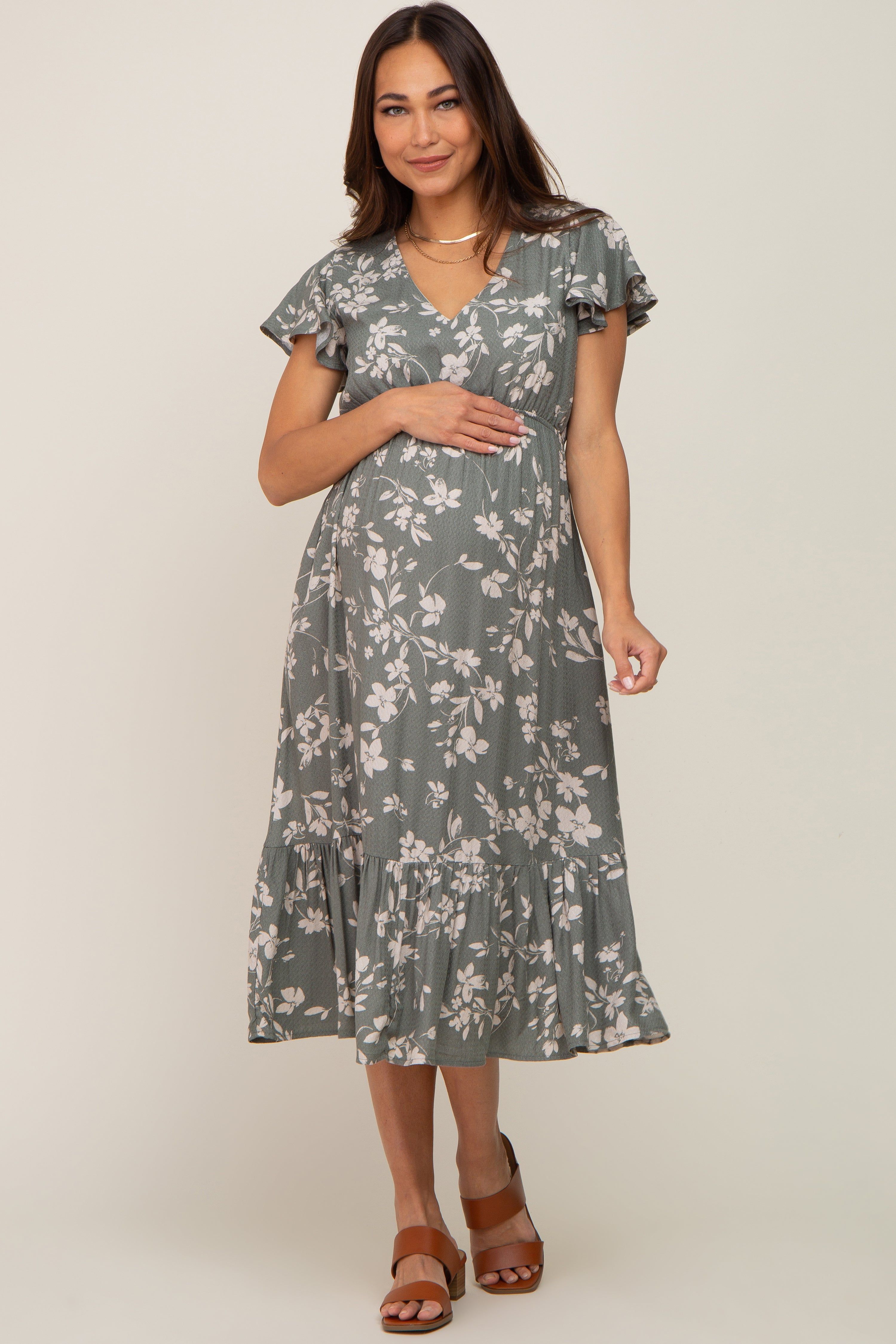 Light Olive Floral Short Flutter Sleeve Maternity Midi Dress sold by Pinkblush product image thumbnail 5