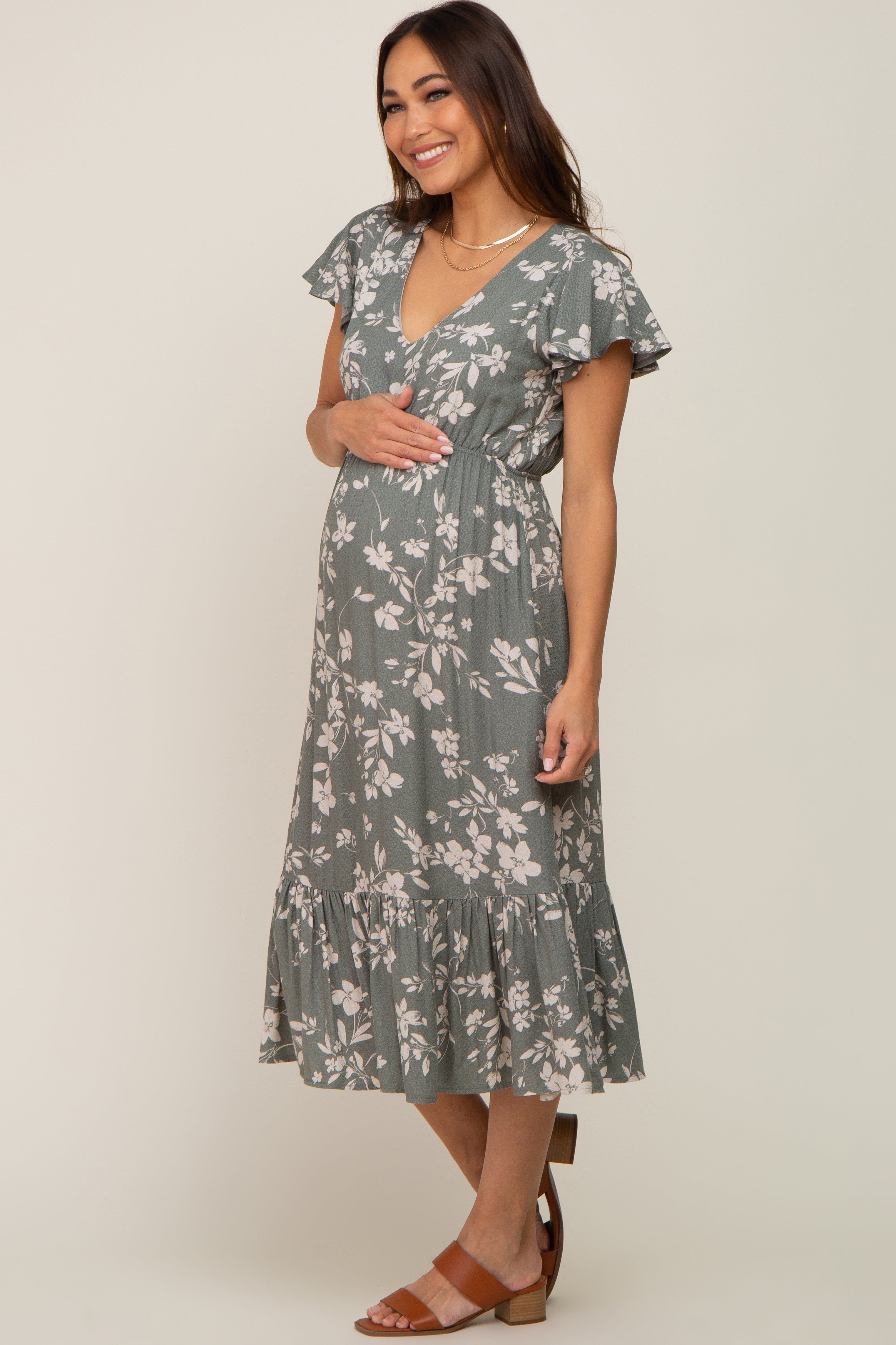 Light Olive Floral Short Flutter Sleeve Maternity Midi Dress sold by Pinkblush product image thumbnail 2
