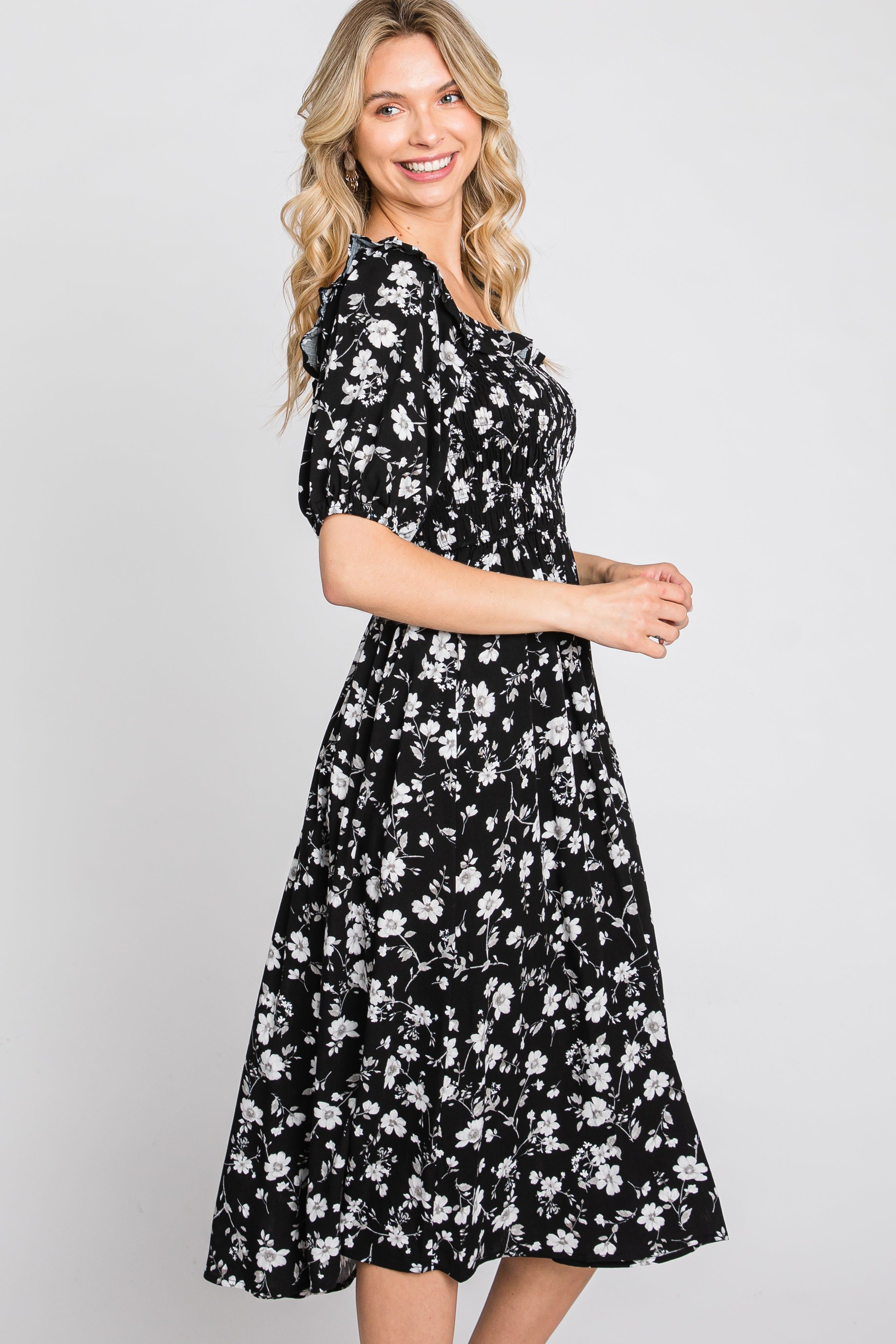 Black Floral Smocked Puff Sleeve Midi Dress sold by Pinkblush product image thumbnail 4