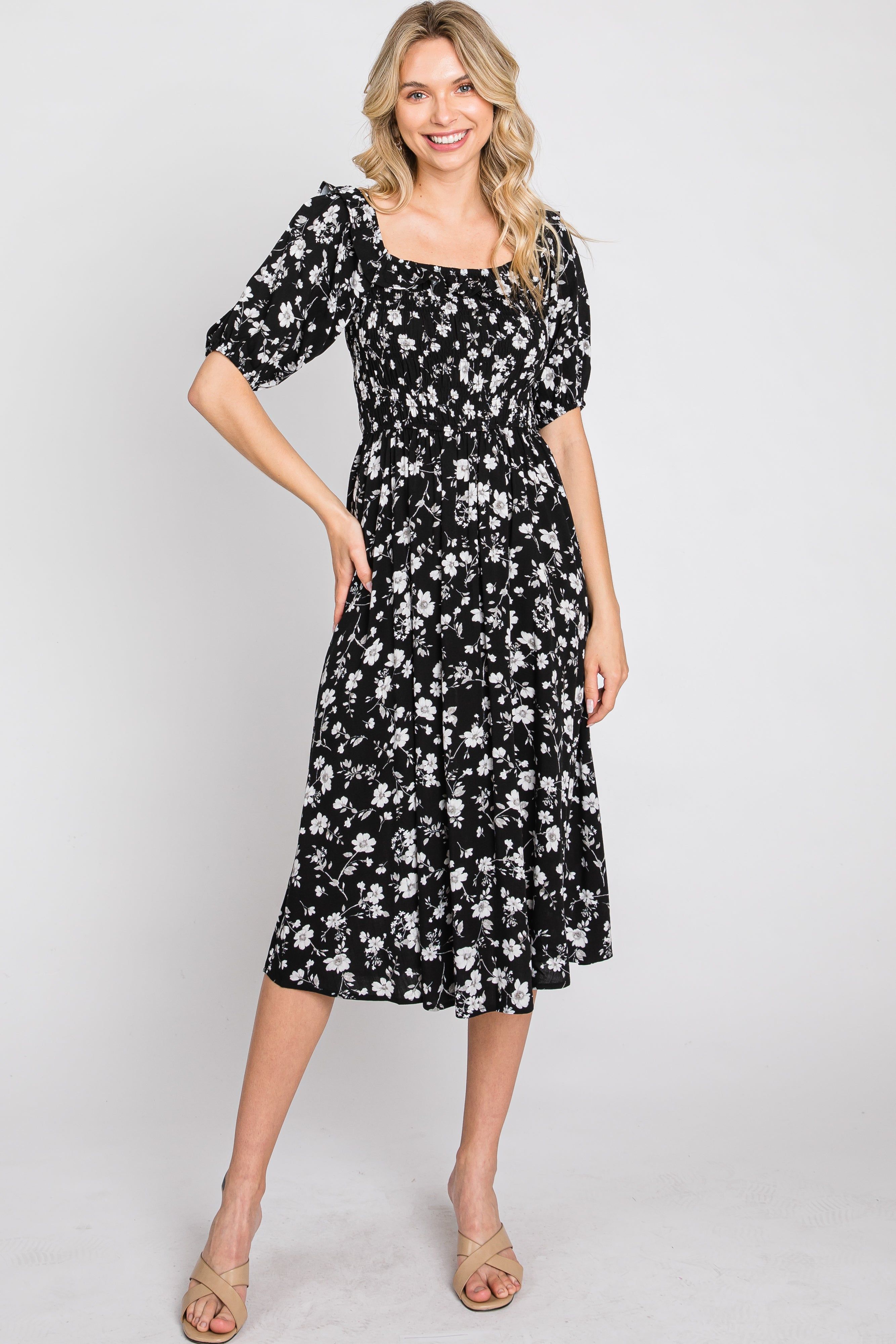 Black Floral Smocked Puff Sleeve Midi Dress sold by Pinkblush