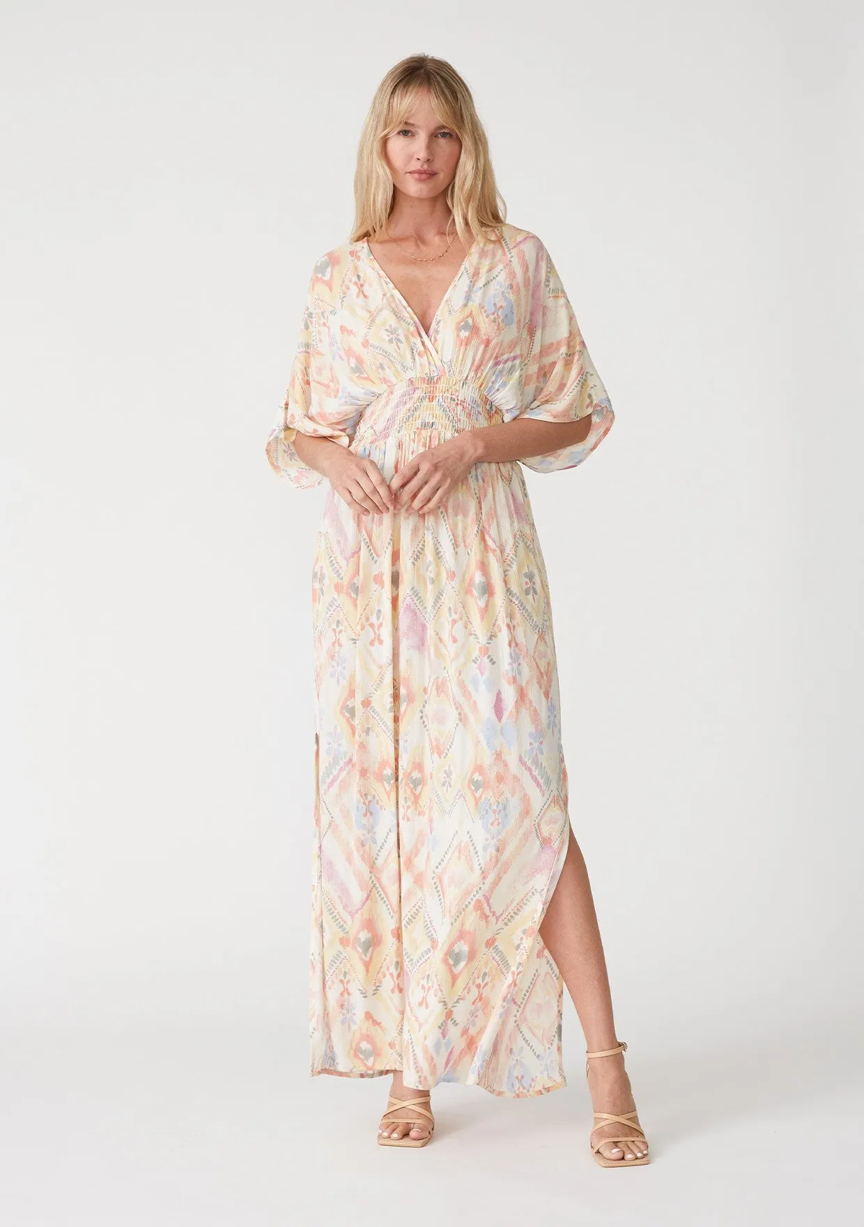 Ivory Printed Deep V-Neck Maxi Dress sold by Pinkblush