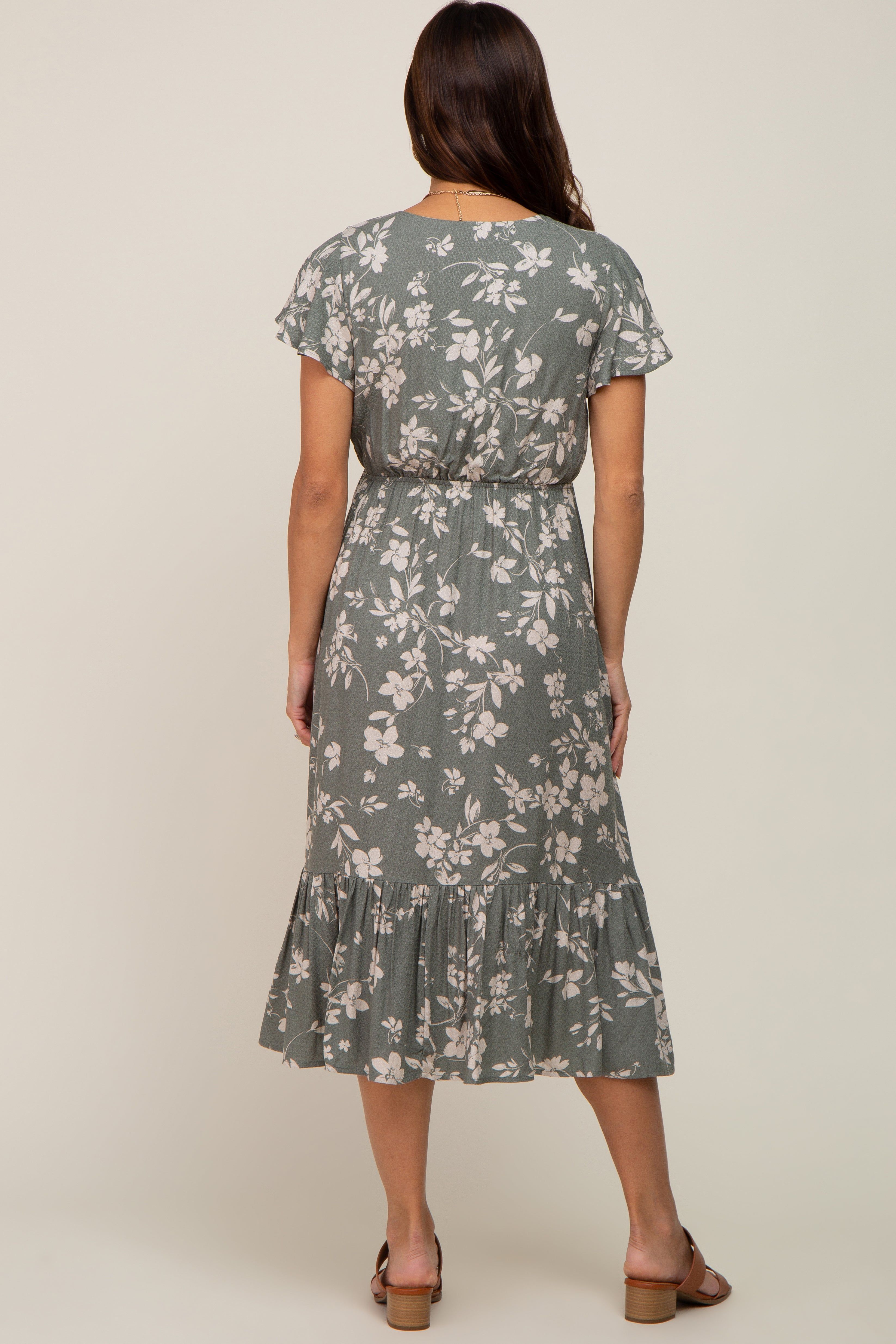 Light Olive Floral Short Flutter Sleeve Maternity Midi Dress sold by Pinkblush product image thumbnail 3