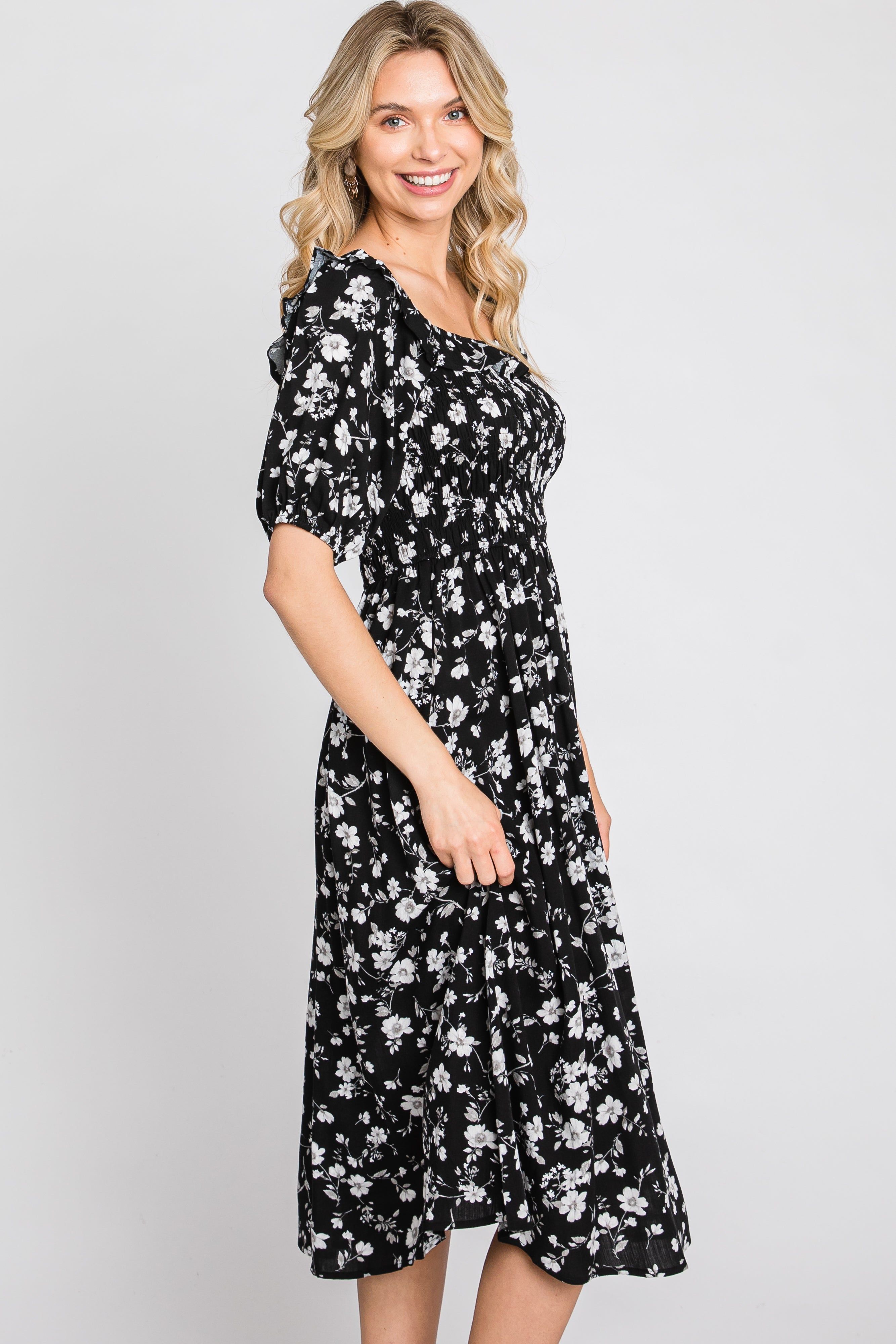 Black Floral Smocked Puff Sleeve Midi Dress sold by Pinkblush product image thumbnail 5