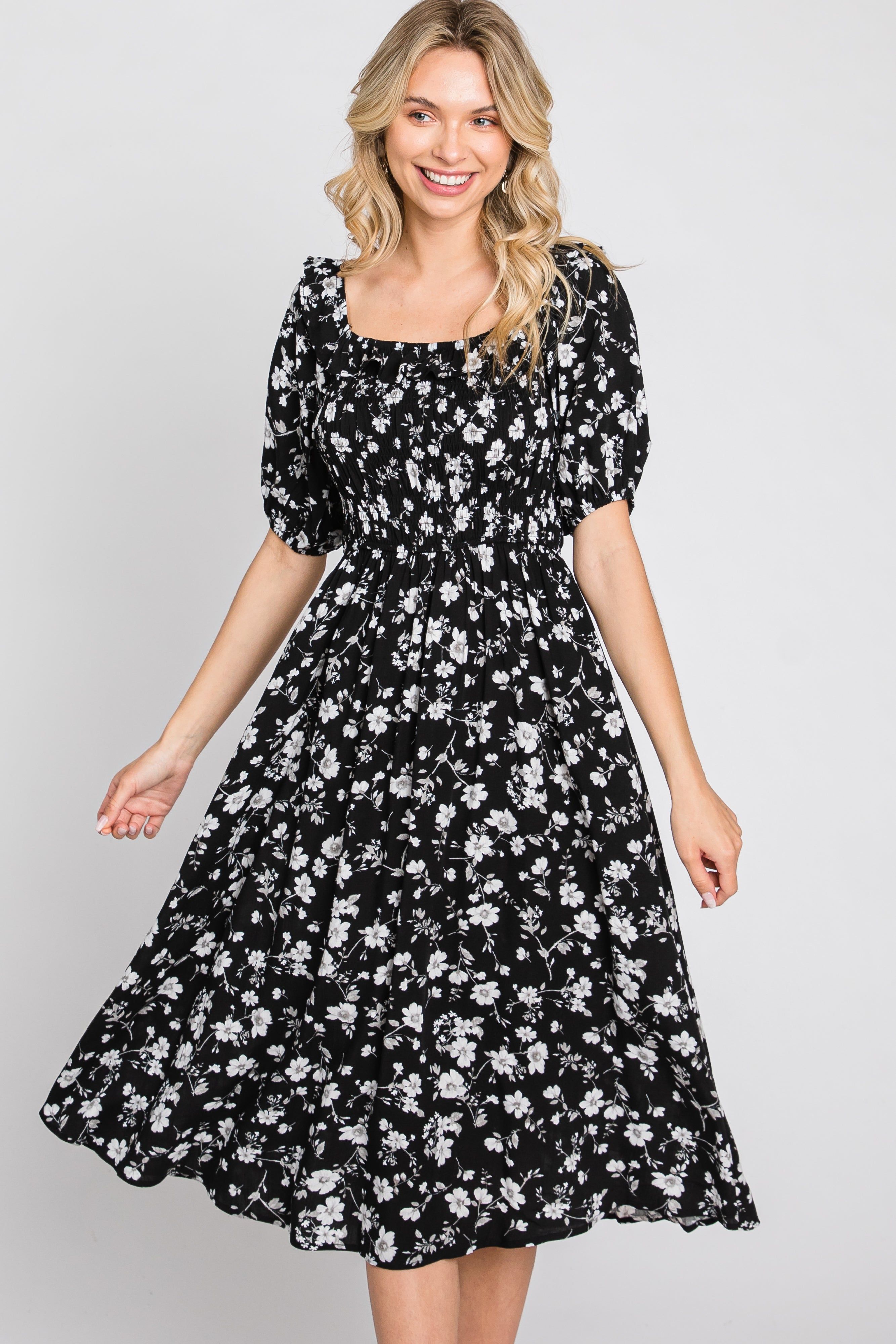 Black Floral Smocked Puff Sleeve Midi Dress sold by Pinkblush product image thumbnail 2