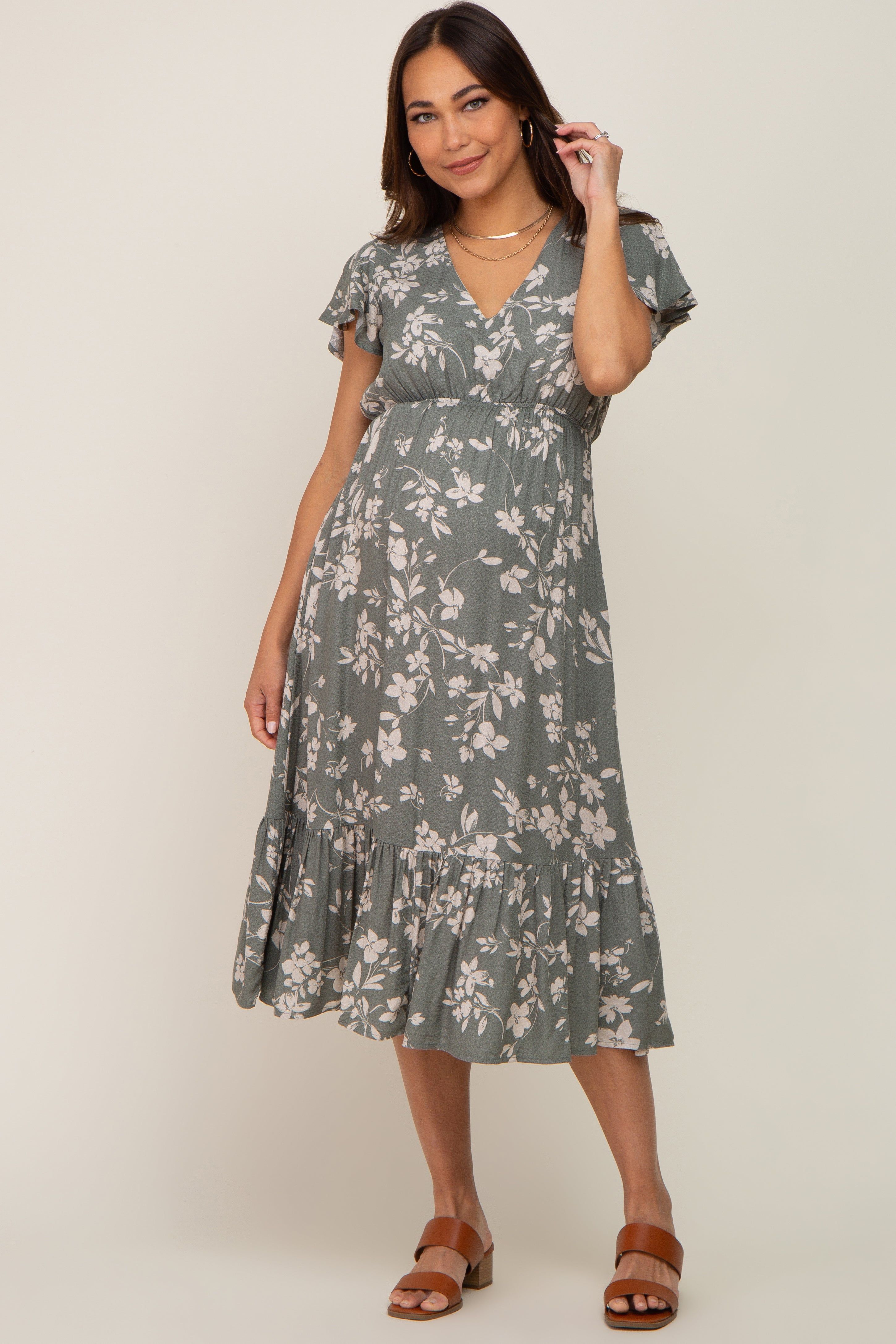 Light Olive Floral Short Flutter Sleeve Maternity Midi Dress sold by Pinkblush product image thumbnail 4