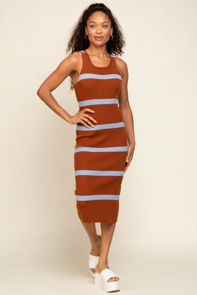 Brown Blue Striped Sleeveless Sweater Midi Dress sold by Pinkblush