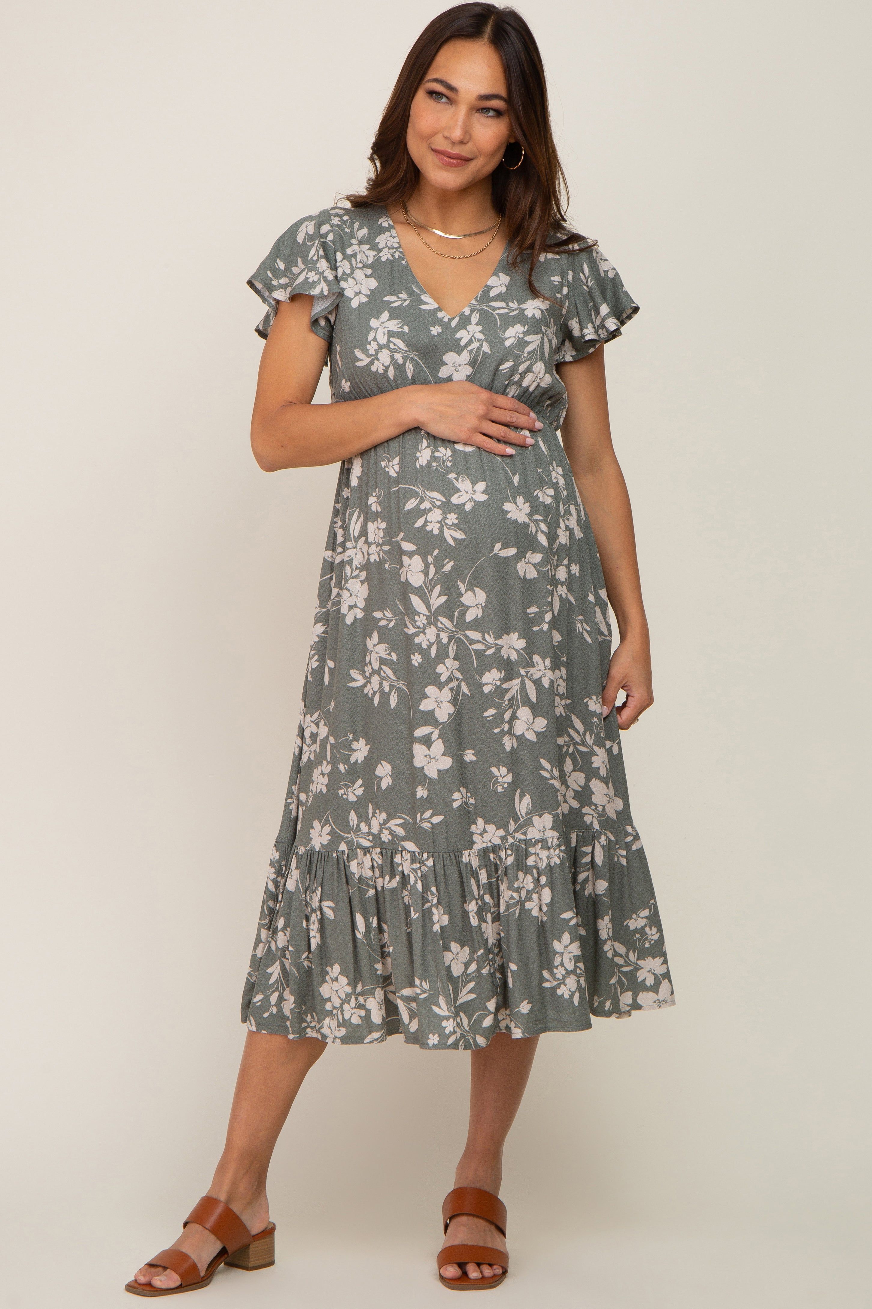 Light Olive Floral Short Flutter Sleeve Maternity Midi Dress sold by Pinkblush