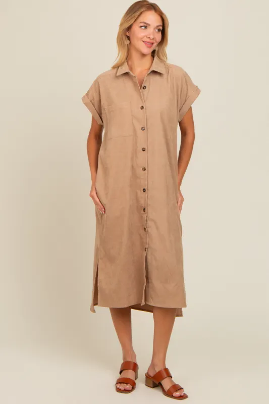 Beige Corduroy Button Down Midi Dress sold by Pinkblush