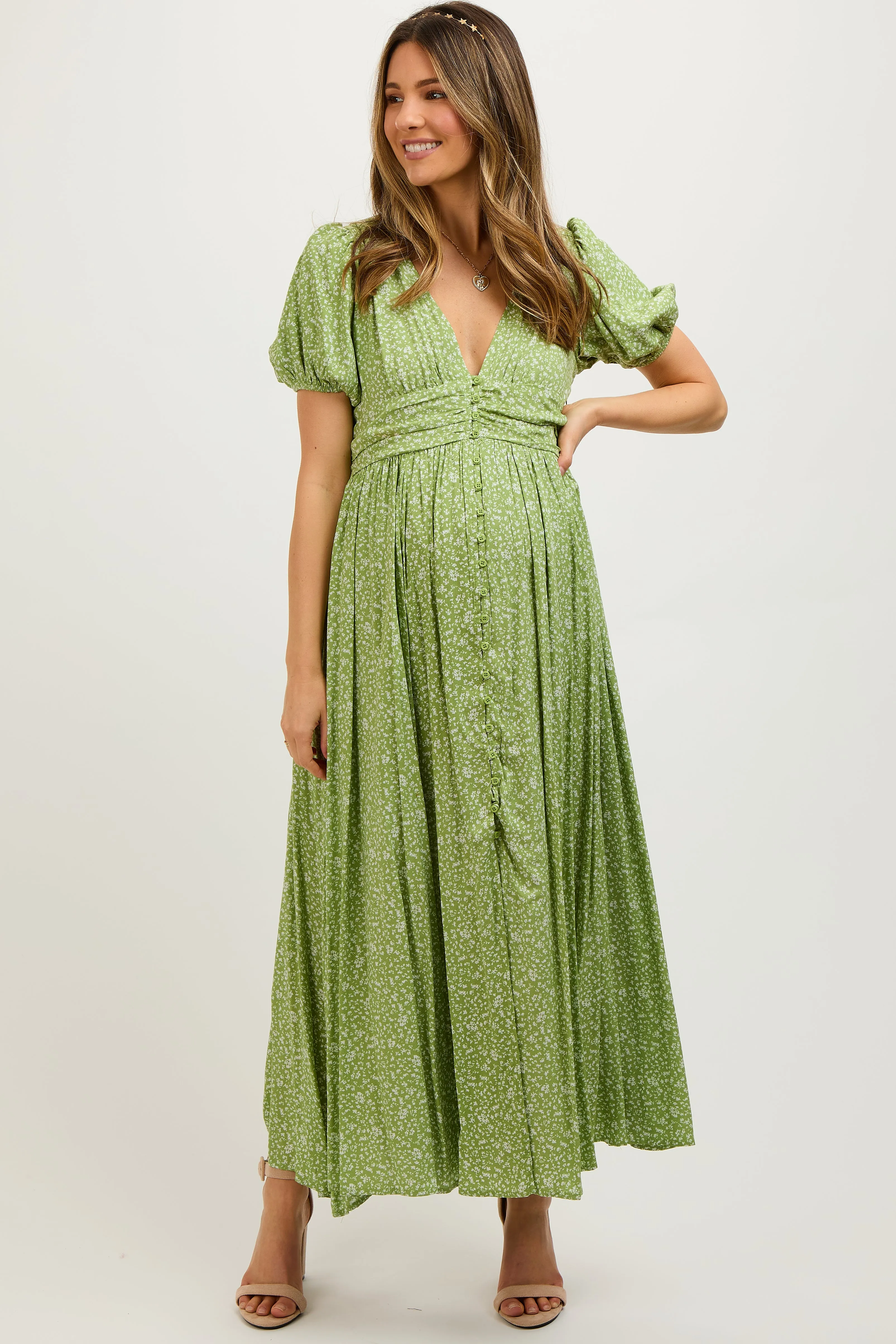 Sage Floral Button Down Front Slit Maternity Maxi Dress sold by Pinkblush product image thumbnail 3