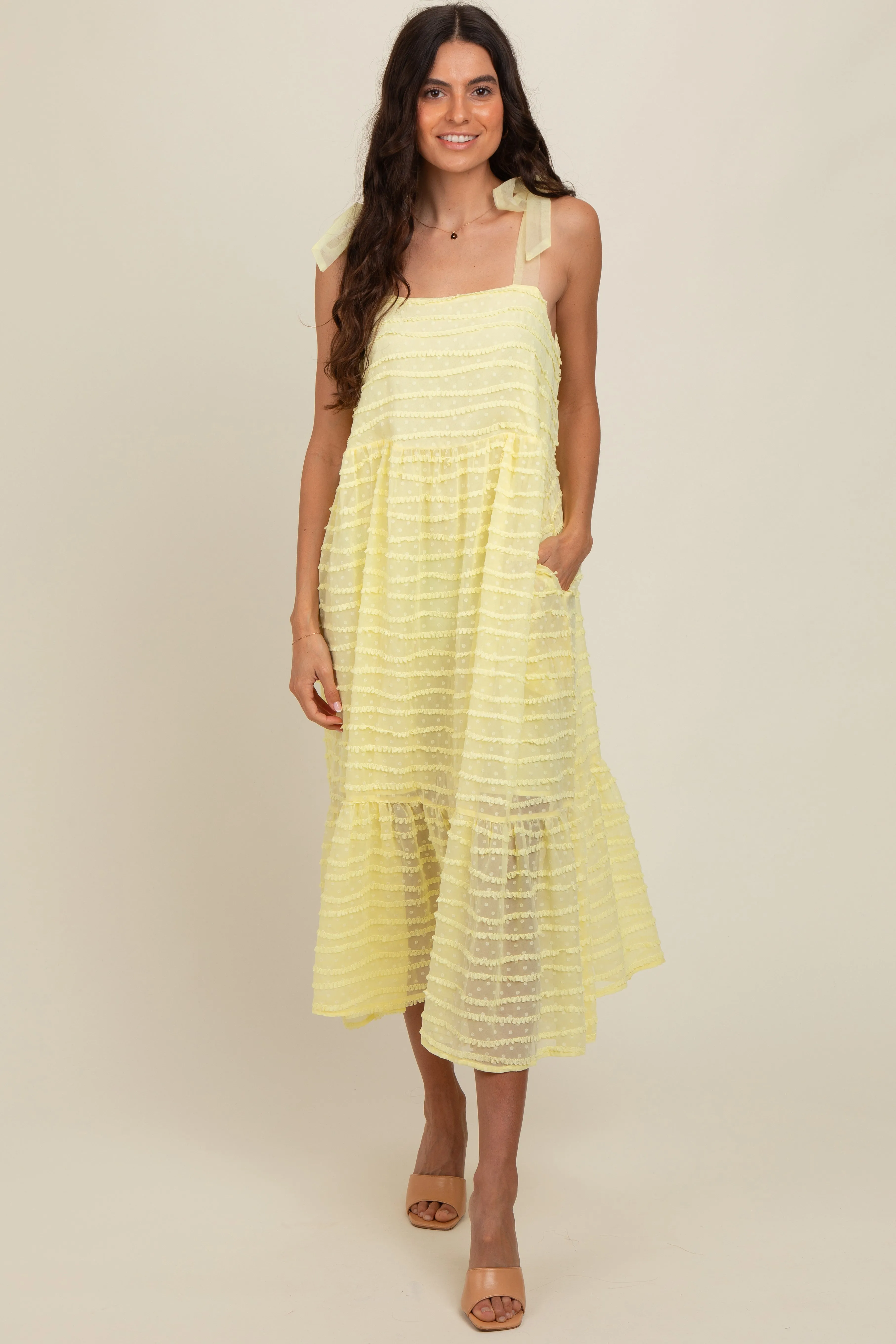 Yellow Textured Shoulder Tie Midi Dress sold by Pinkblush