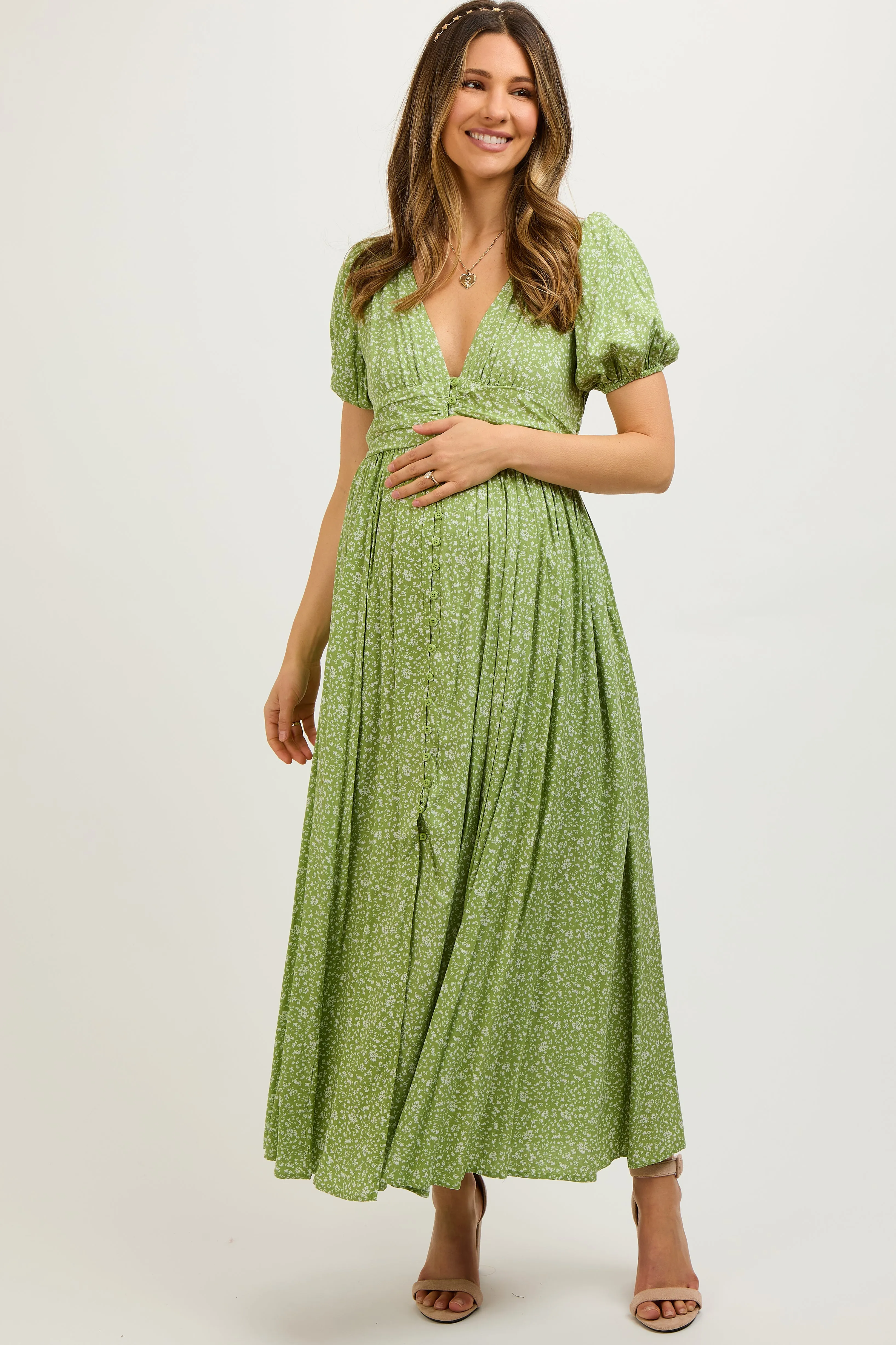 Sage Floral Button Down Front Slit Maternity Maxi Dress sold by Pinkblush product image thumbnail 4