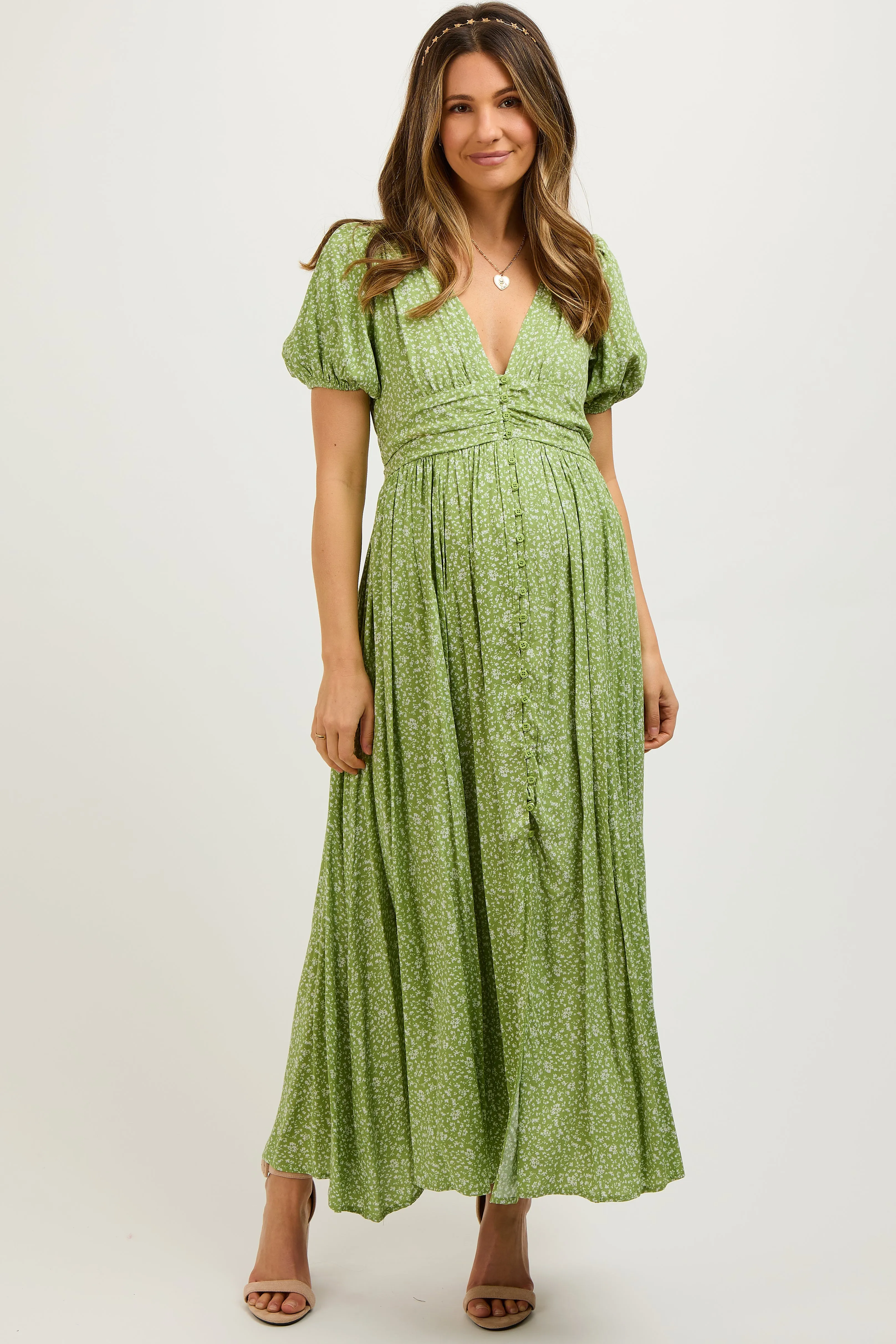 Sage Floral Button Down Front Slit Maternity Maxi Dress sold by Pinkblush
