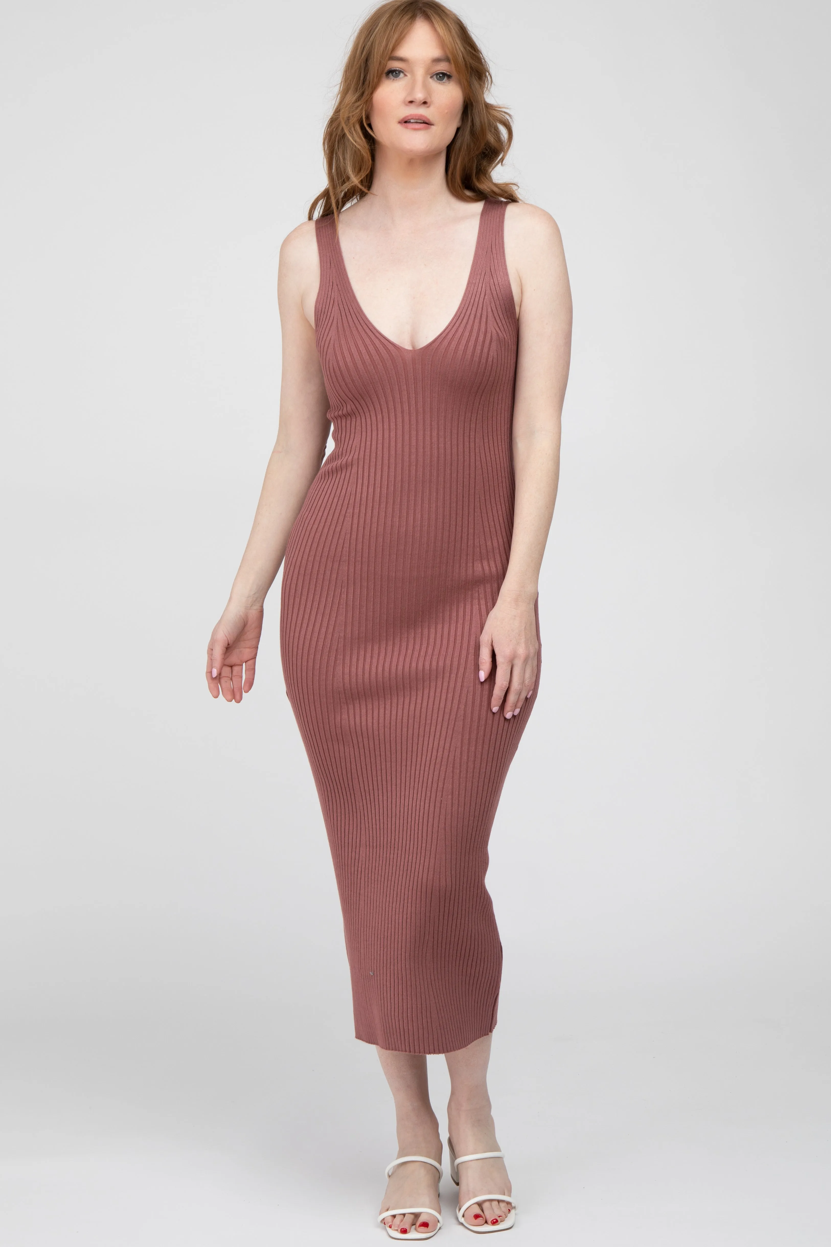 Mauve Ribbed Sleeveless Knit Midi Dress sold by Pinkblush