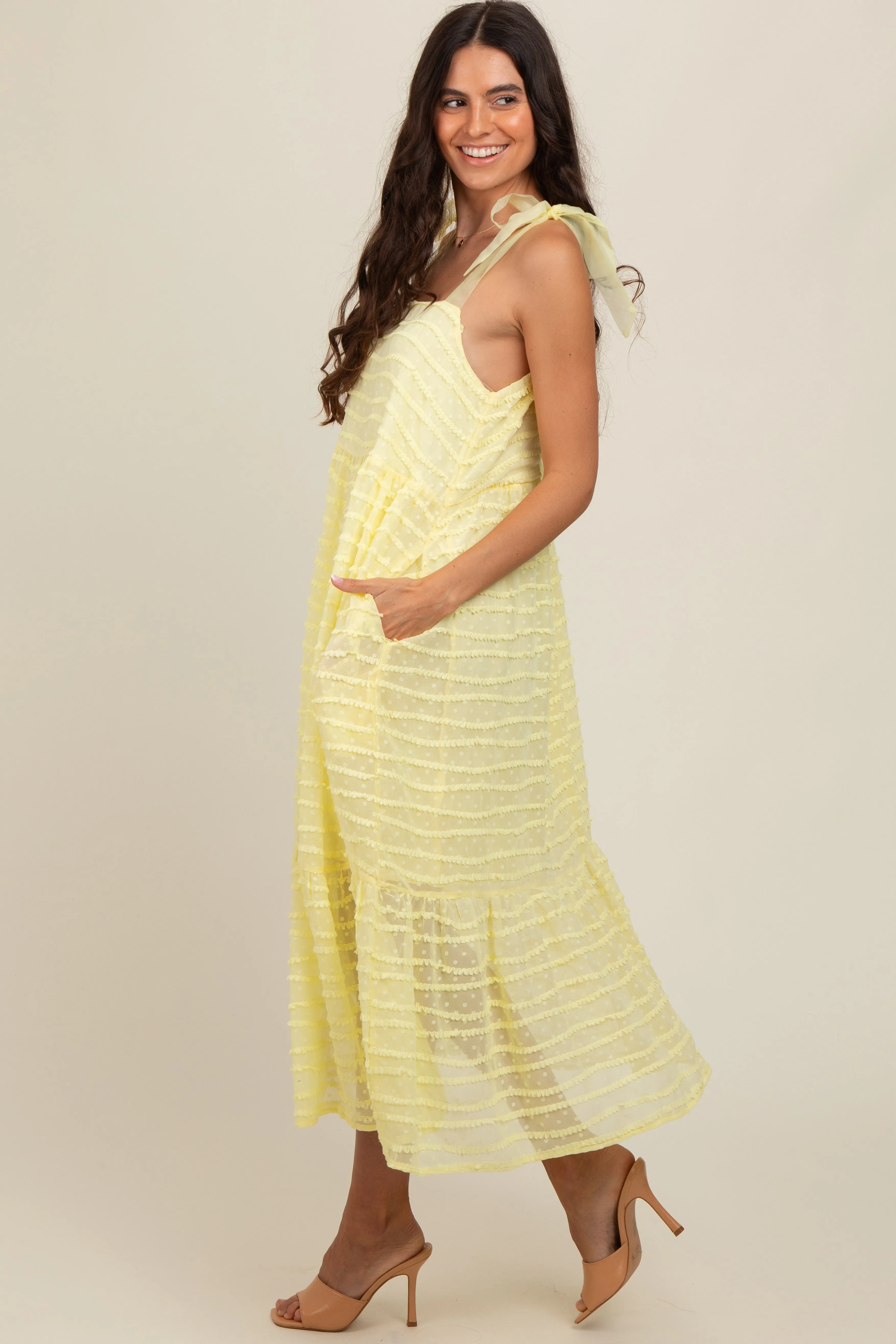 Yellow Textured Shoulder Tie Midi Dress sold by Pinkblush product image thumbnail 2