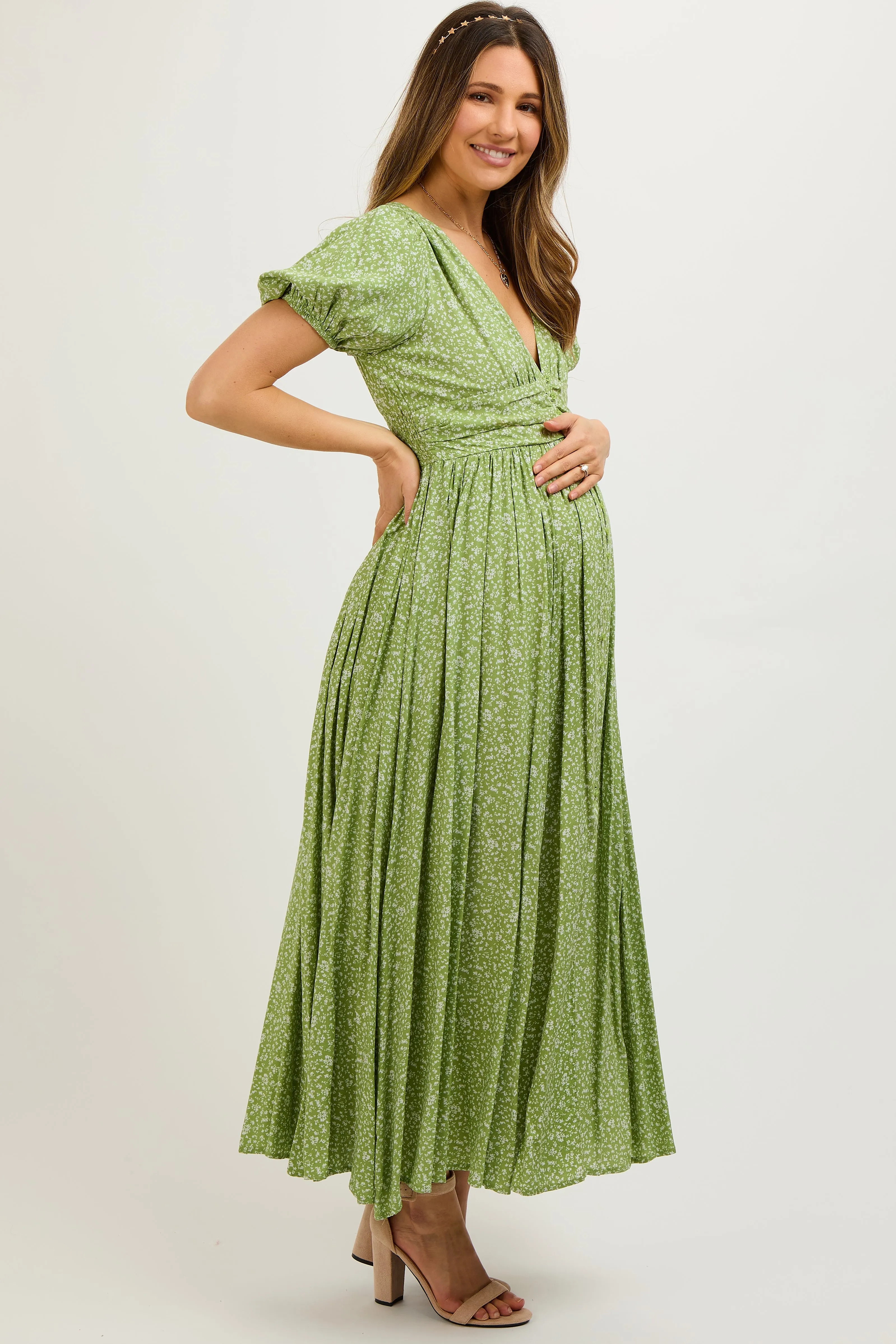 Sage Floral Button Down Front Slit Maternity Maxi Dress sold by Pinkblush product image thumbnail 5