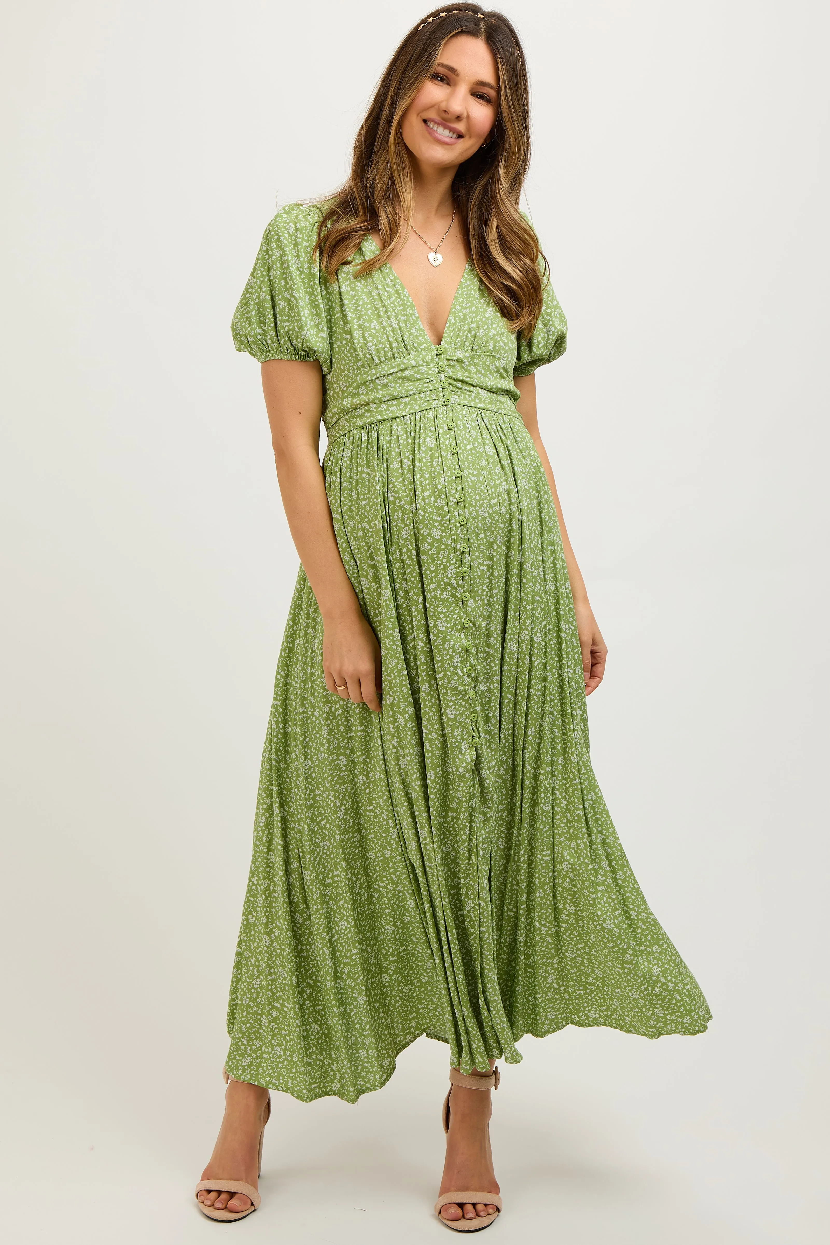 Sage Floral Button Down Front Slit Maternity Maxi Dress sold by Pinkblush product image thumbnail 2