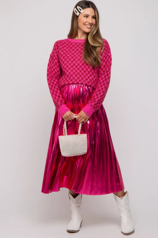 Pink Metallic Pleated Maternity Midi Skirt sold by Pinkblush