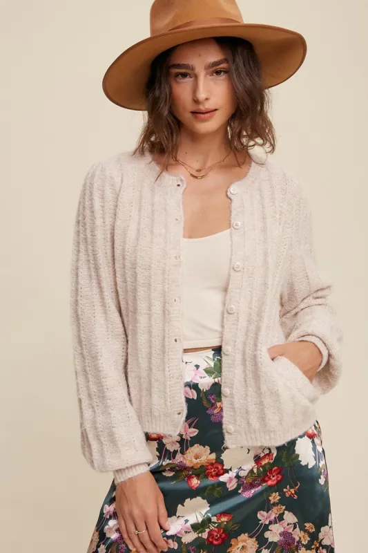 Champagne Puff Sleeve Button Down Knit Cardigan sold by Pinkblush