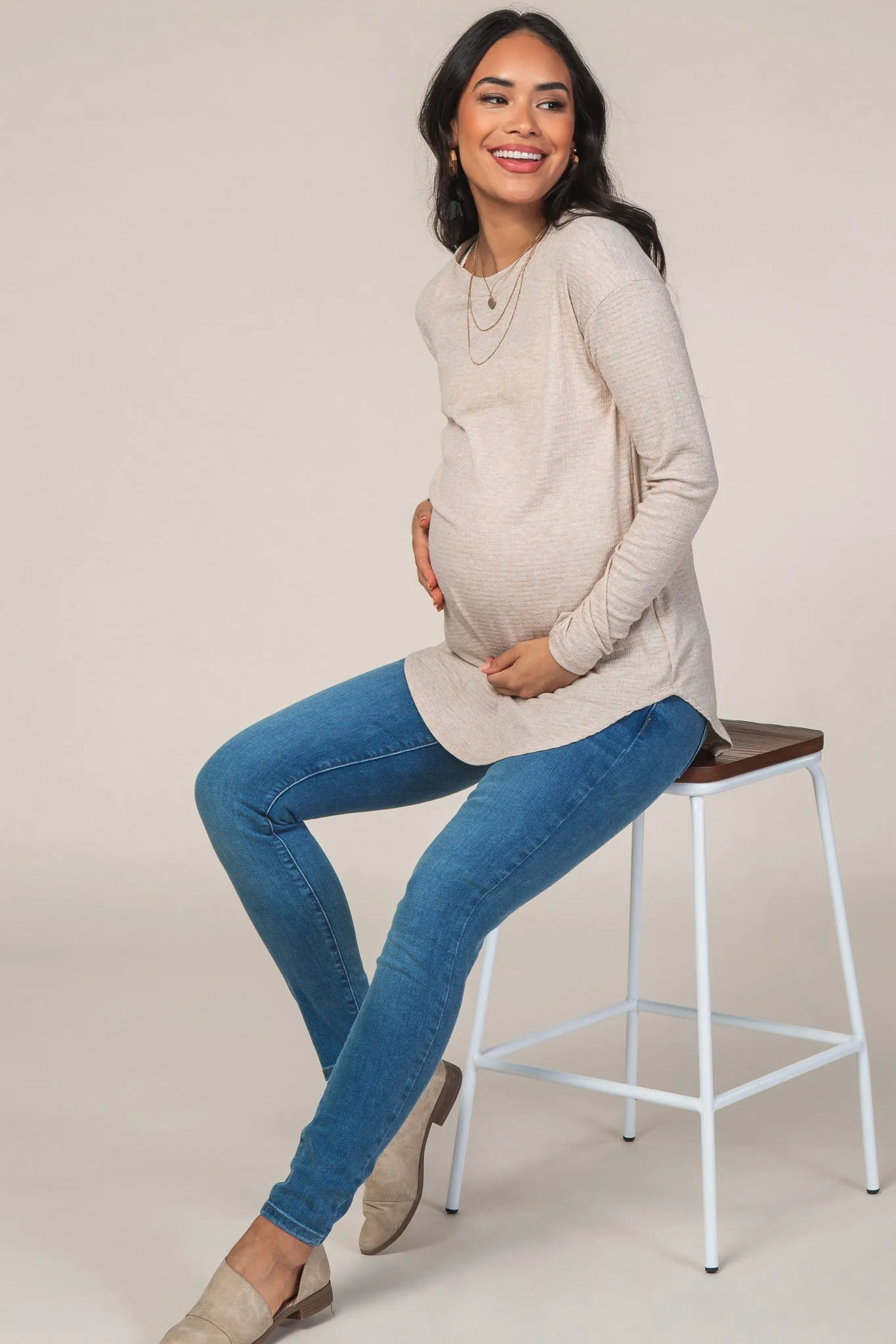 Beige Long Sleeve Ribbed Maternity Top sold by Pinkblush