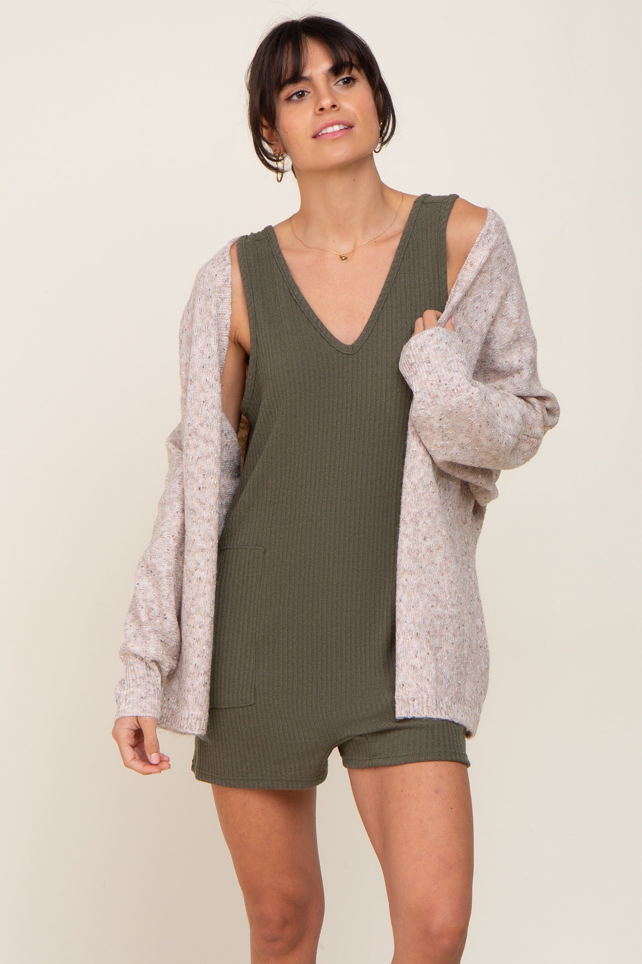 Olive Ribbed V-Neck Sleeveless Romper sold by Pinkblush