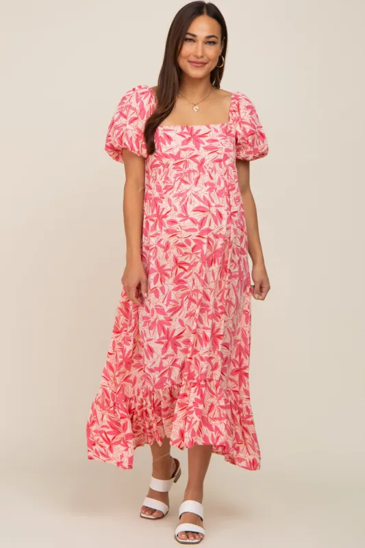 Fuchsia Floral Puff Sleeve Maternity Midi Dress sold by Pinkblush