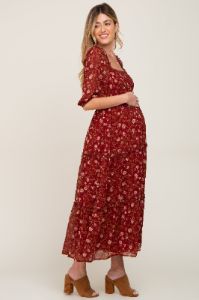 Burgundy Floral Tiered Maternity Midi Dress sold by Pinkblush
