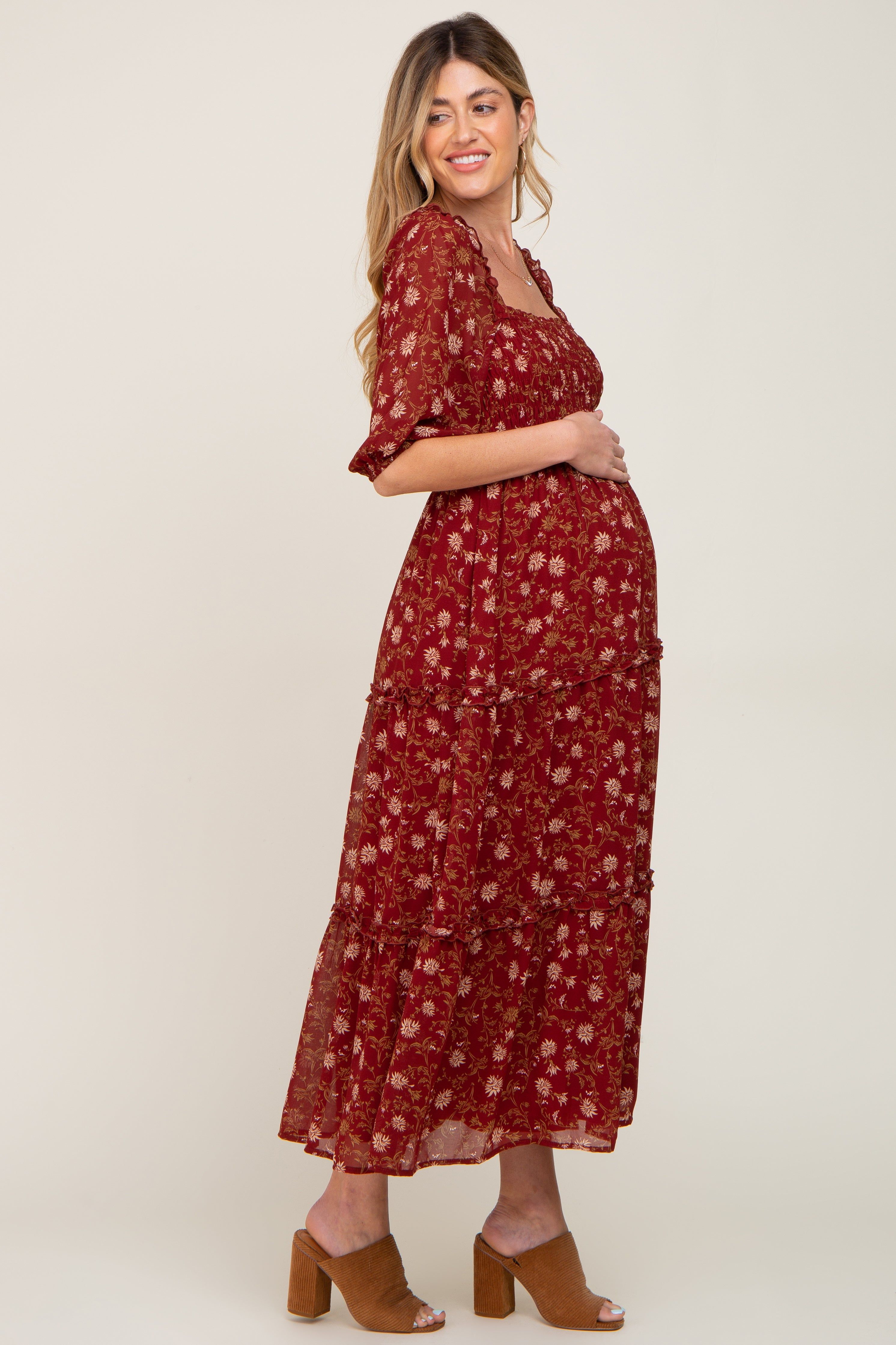 Burgundy Floral Tiered Maternity Midi Dress sold by Pinkblush product image thumbnail 2