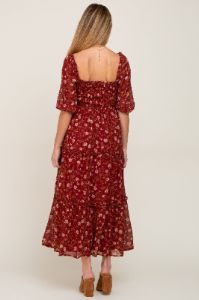 Burgundy Floral Tiered Maternity Midi Dress sold by Pinkblush
