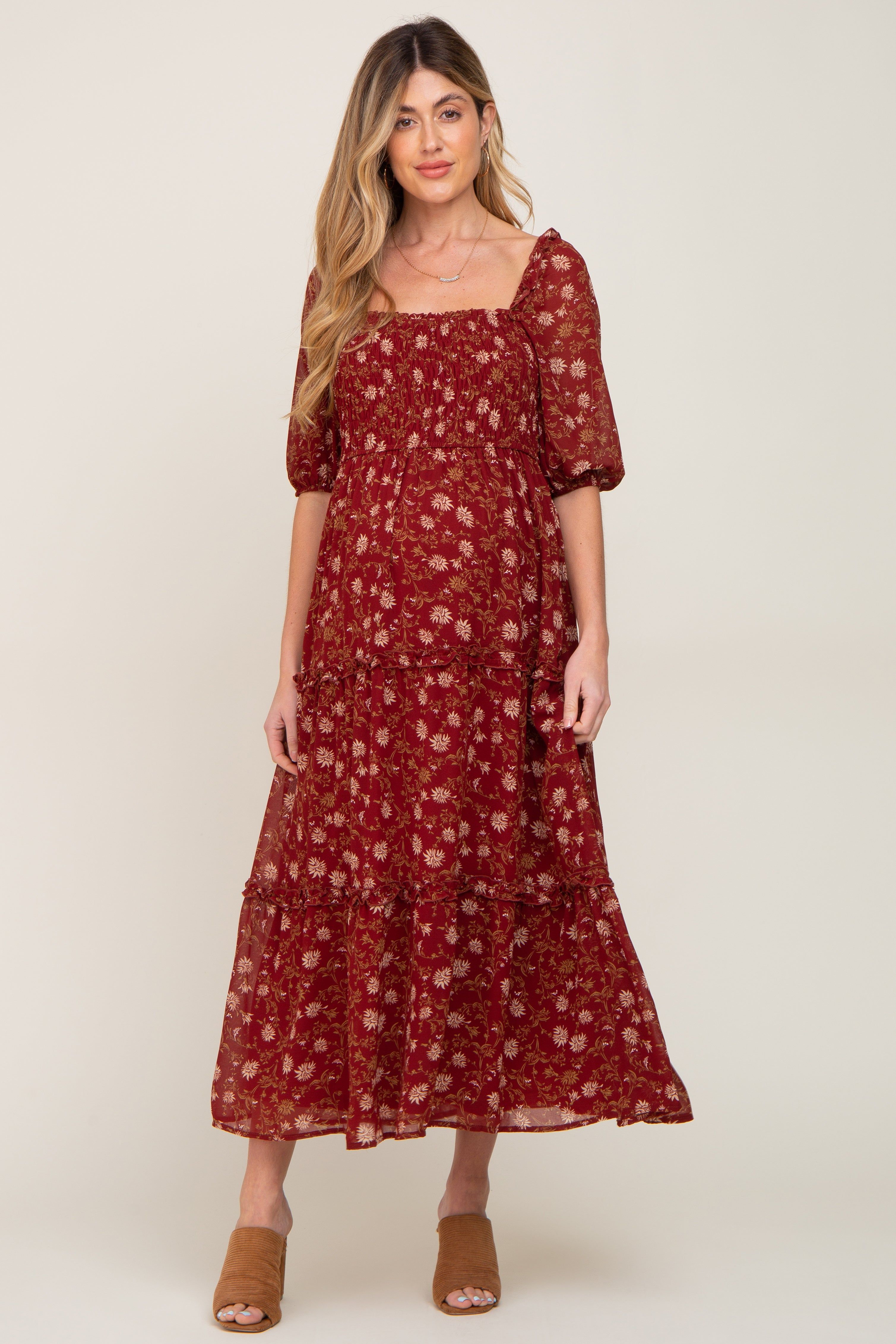 Burgundy Floral Tiered Maternity Midi Dress sold by Pinkblush