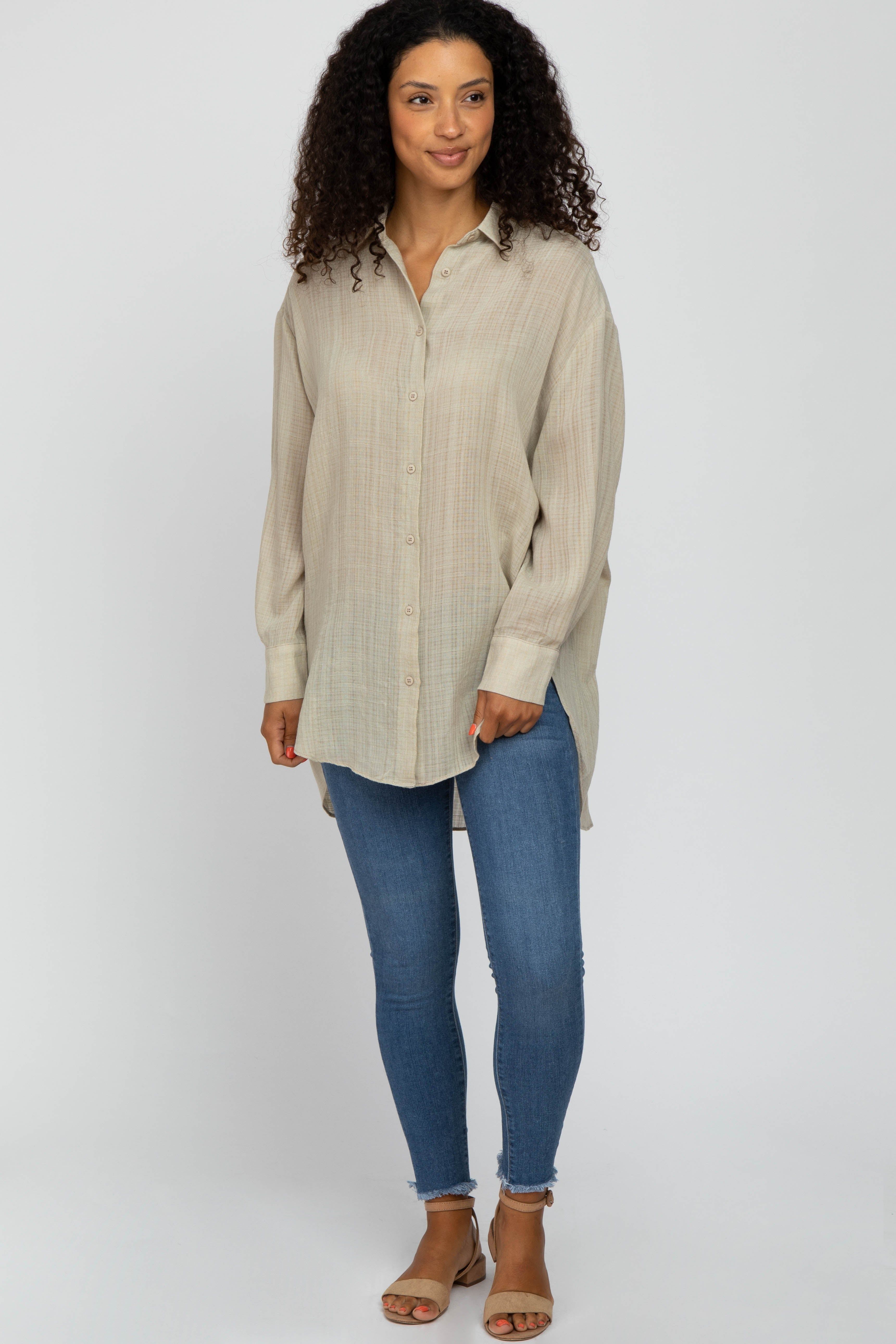 Beige Lightweight Sheer Button Down Blouse sold by Pinkblush product image thumbnail 2