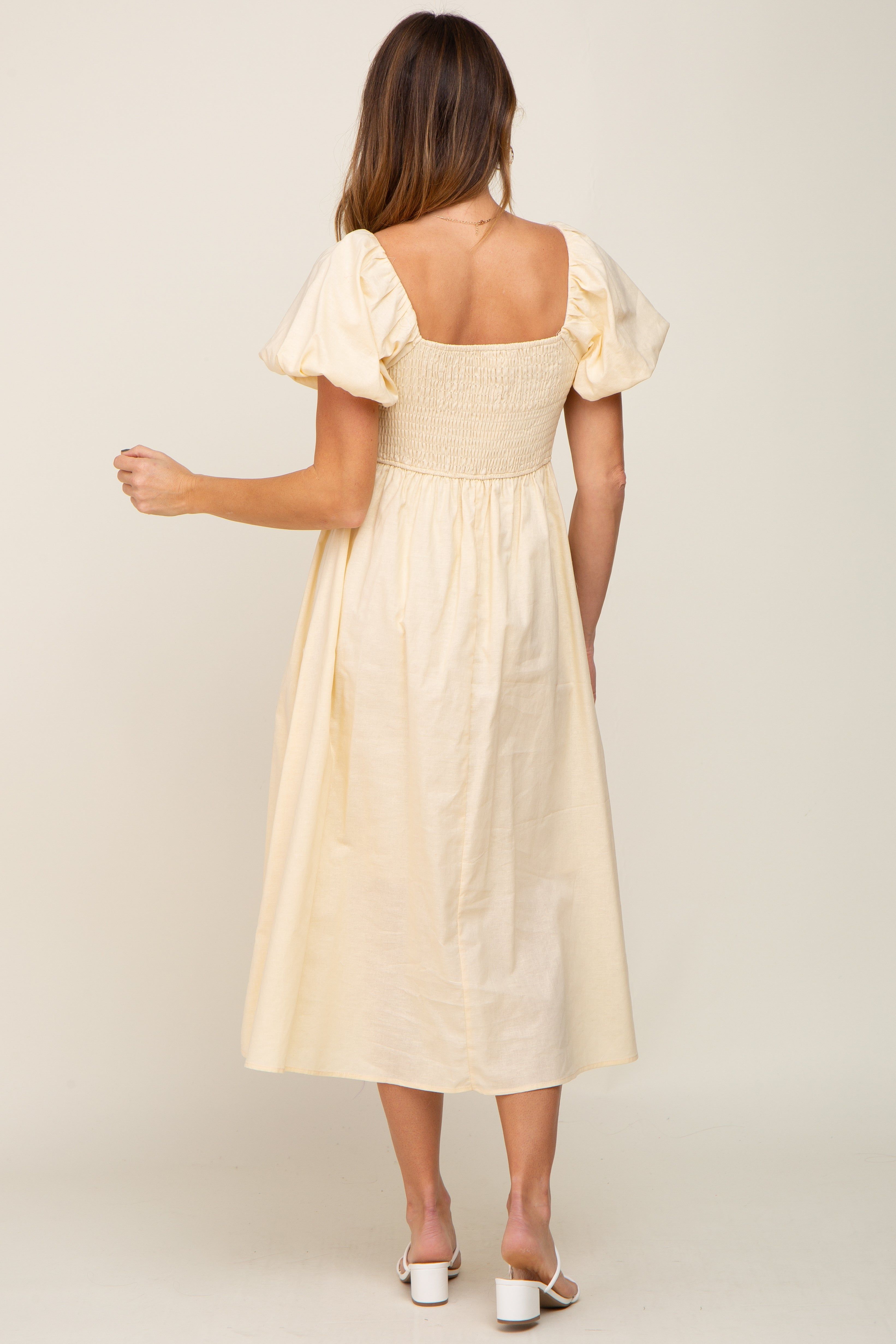 Yellow Sweetheart Neck Puff Sleeve Linen Midi Dress sold by Pinkblush product image thumbnail 3