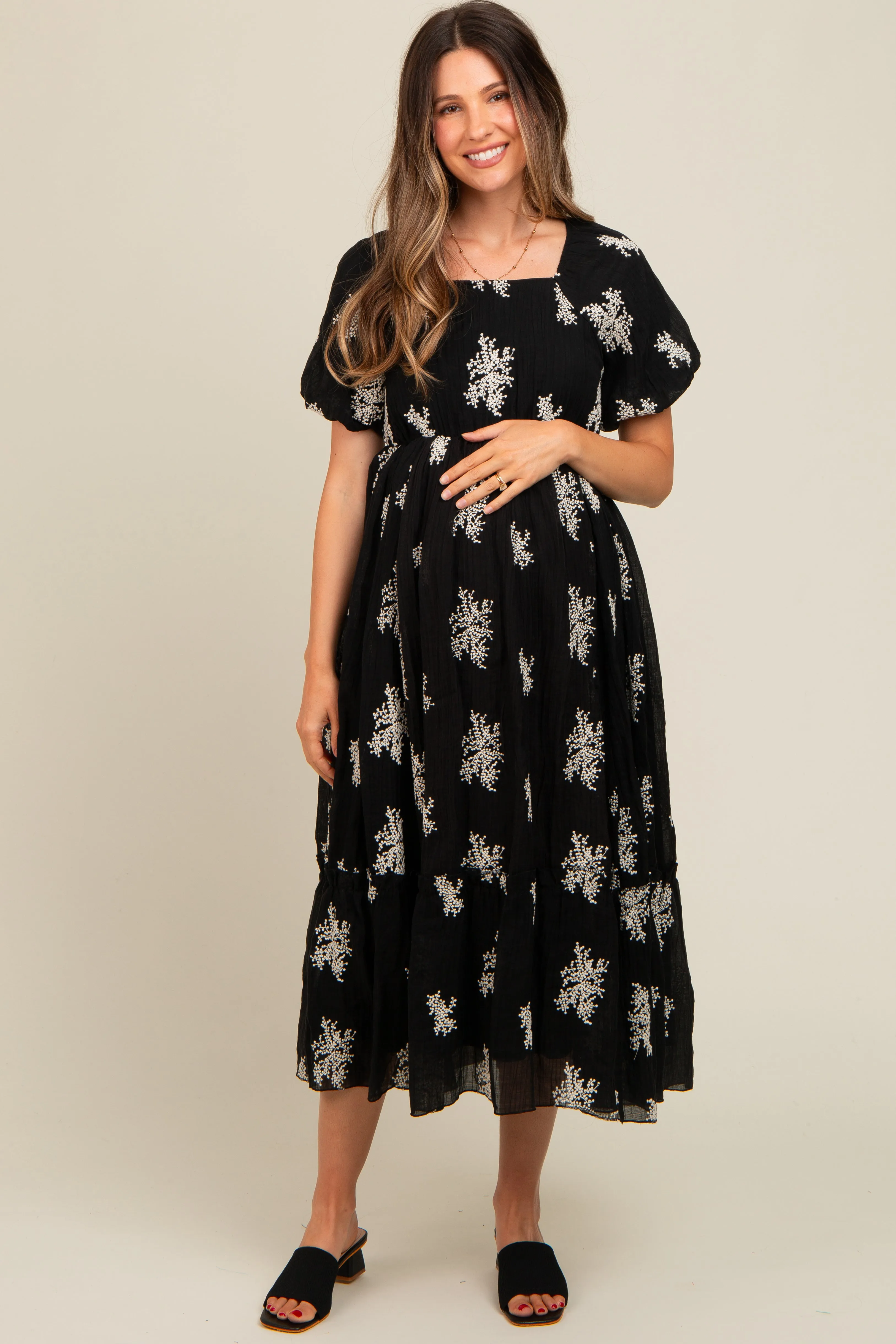 Black Floral Print Ruffle Hem Maternity Midi Dress sold by Pinkblush