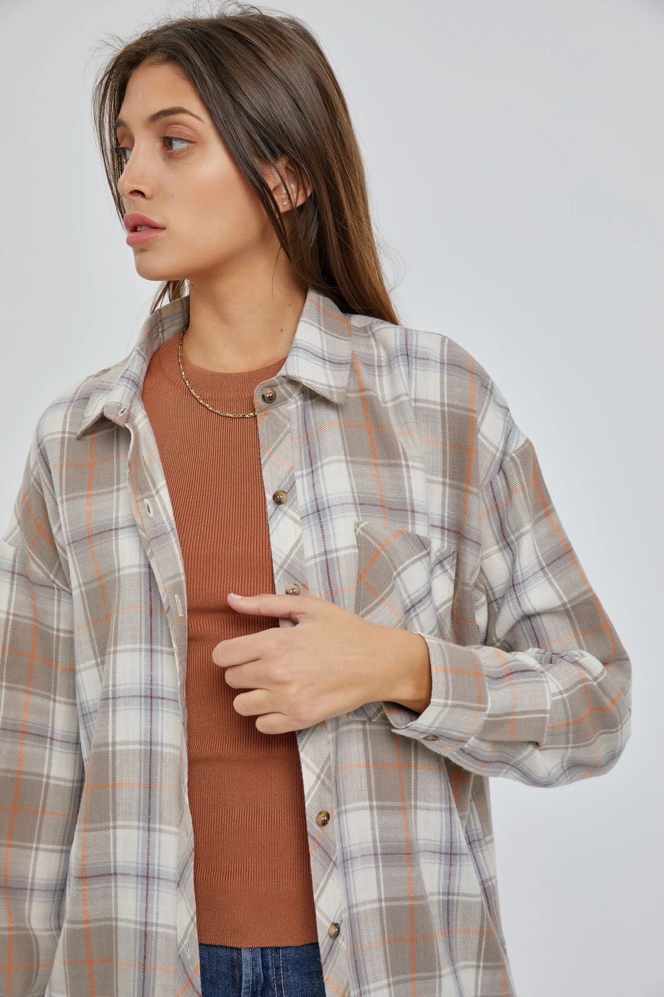 Taupe Flannel Plaid Button Up Top sold by Pinkblush product image thumbnail 3