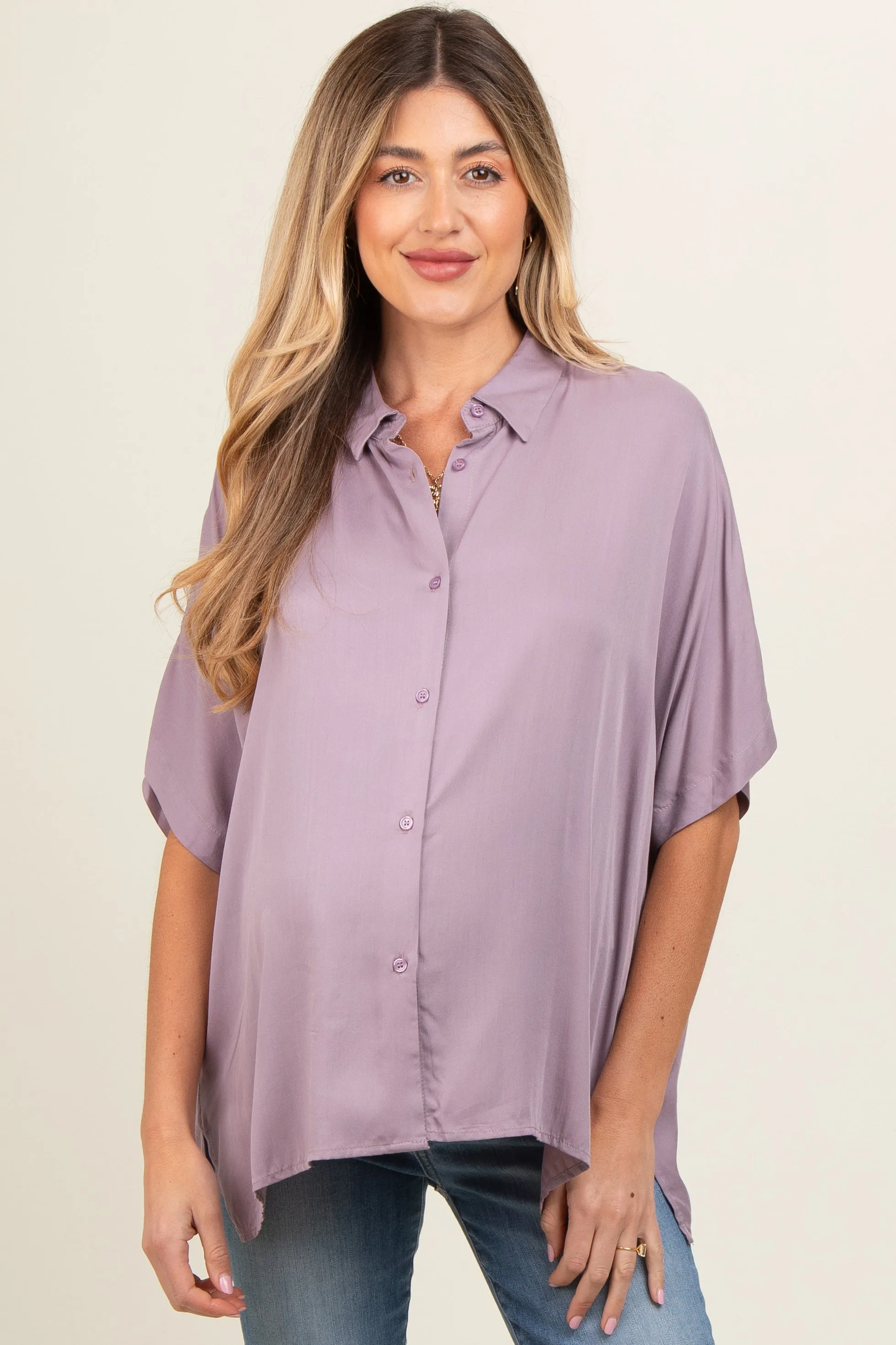 Lavender Dolman Sleeve Button Down Maternity Blouse sold by Pinkblush