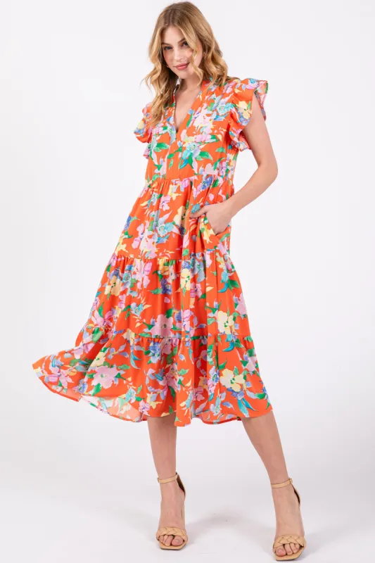 Orange Floral Ruffle Tiered Dress made by Pinkblush