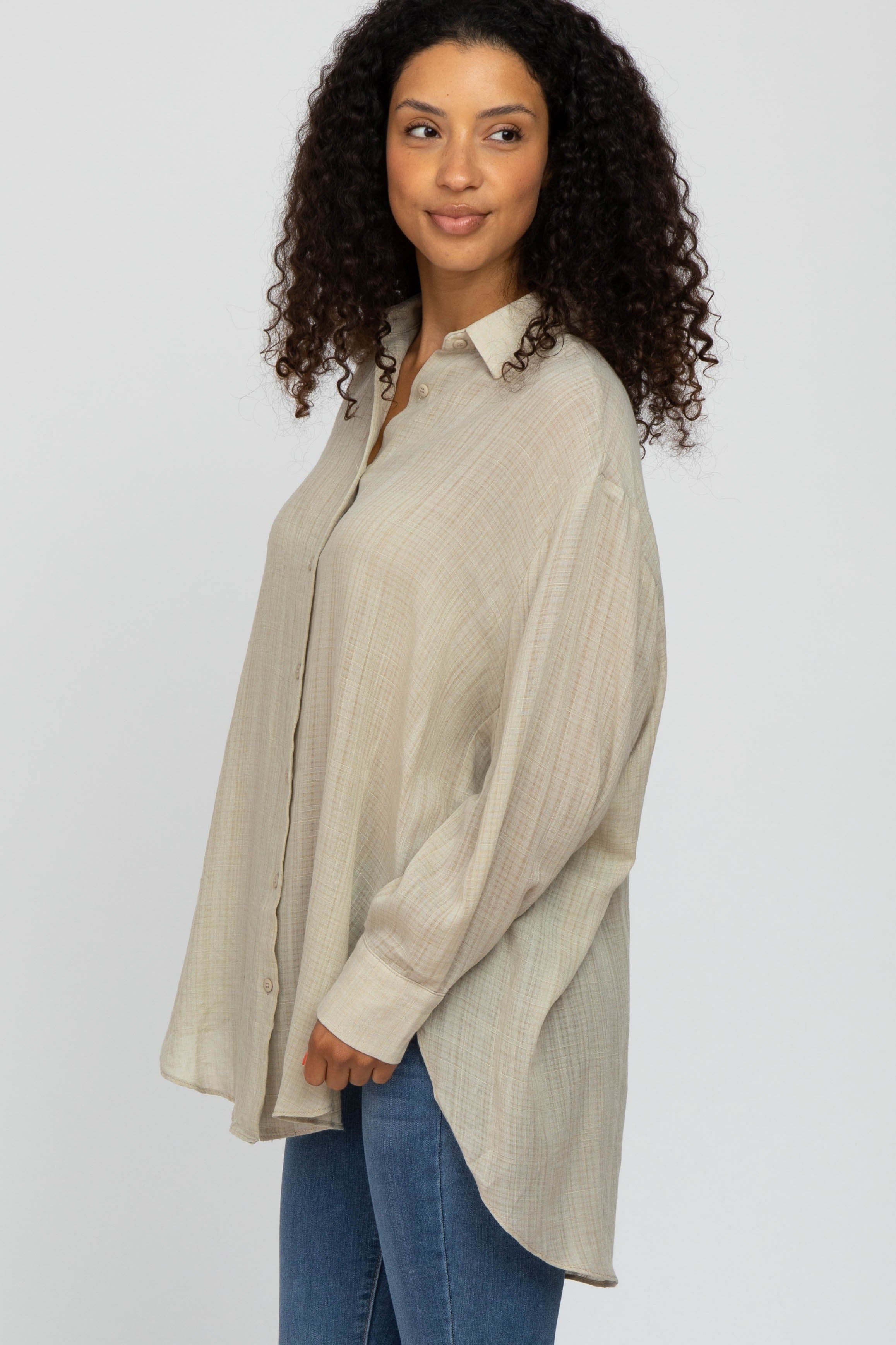 Beige Lightweight Sheer Button Down Blouse sold by Pinkblush product image thumbnail 3