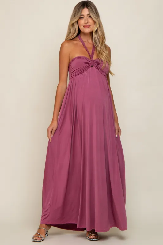 Mauve Front Knot Halter Maternity Maxi Dress sold by Pinkblush